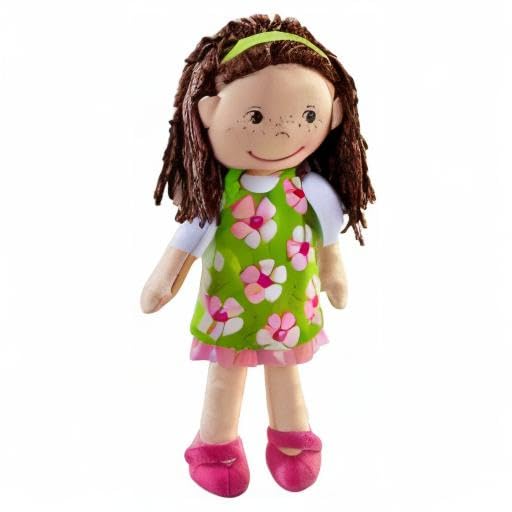 HABA Coco 12-Inch Soft Baby Doll – Embroidered Face, Brown Hair, Removable Green Dress | Machine Washable Toddler Toy