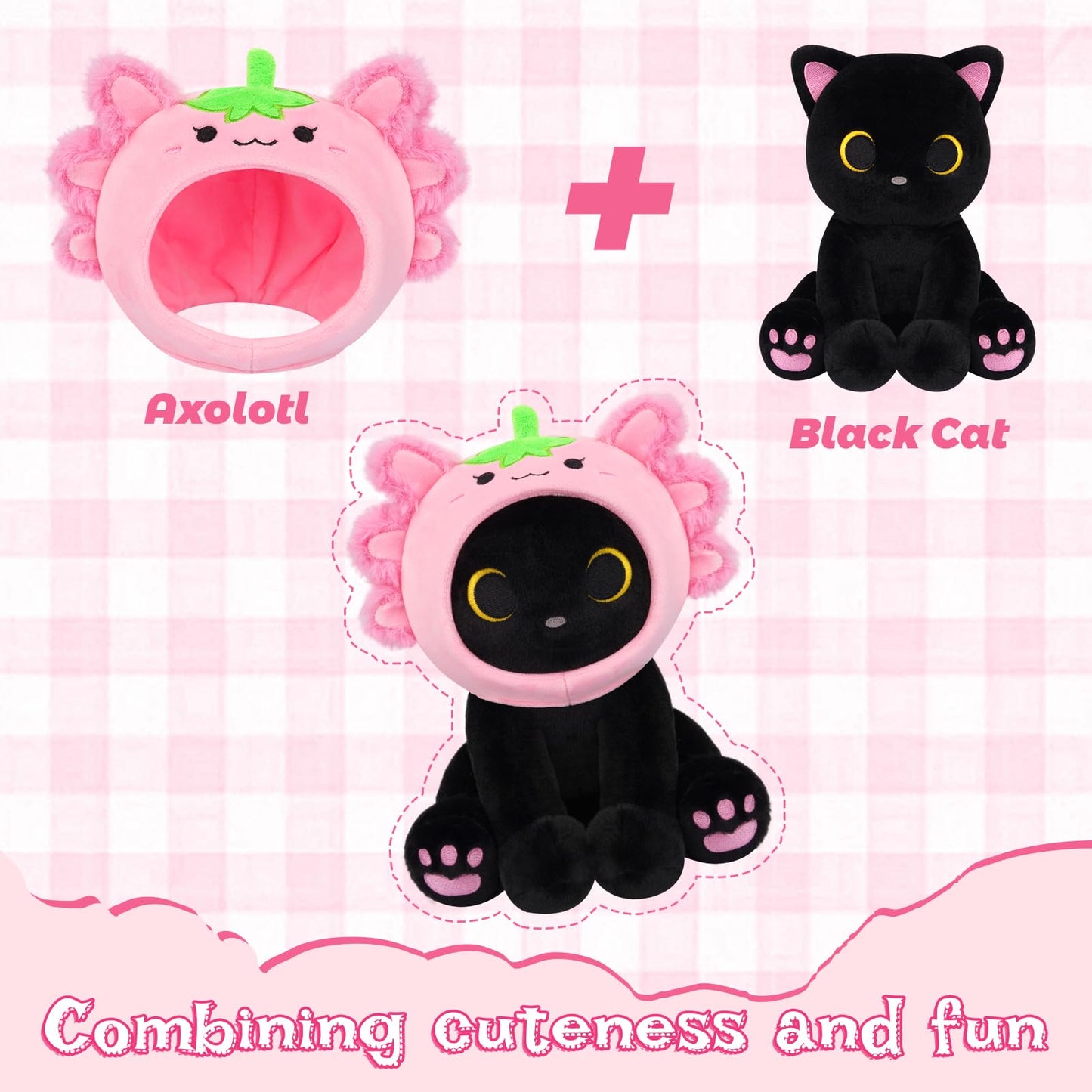 Hagusahuo Axolotl Plush Toy – 8-Inch Black Cat with Removable Strawberry Hat | Soft Plush Doll