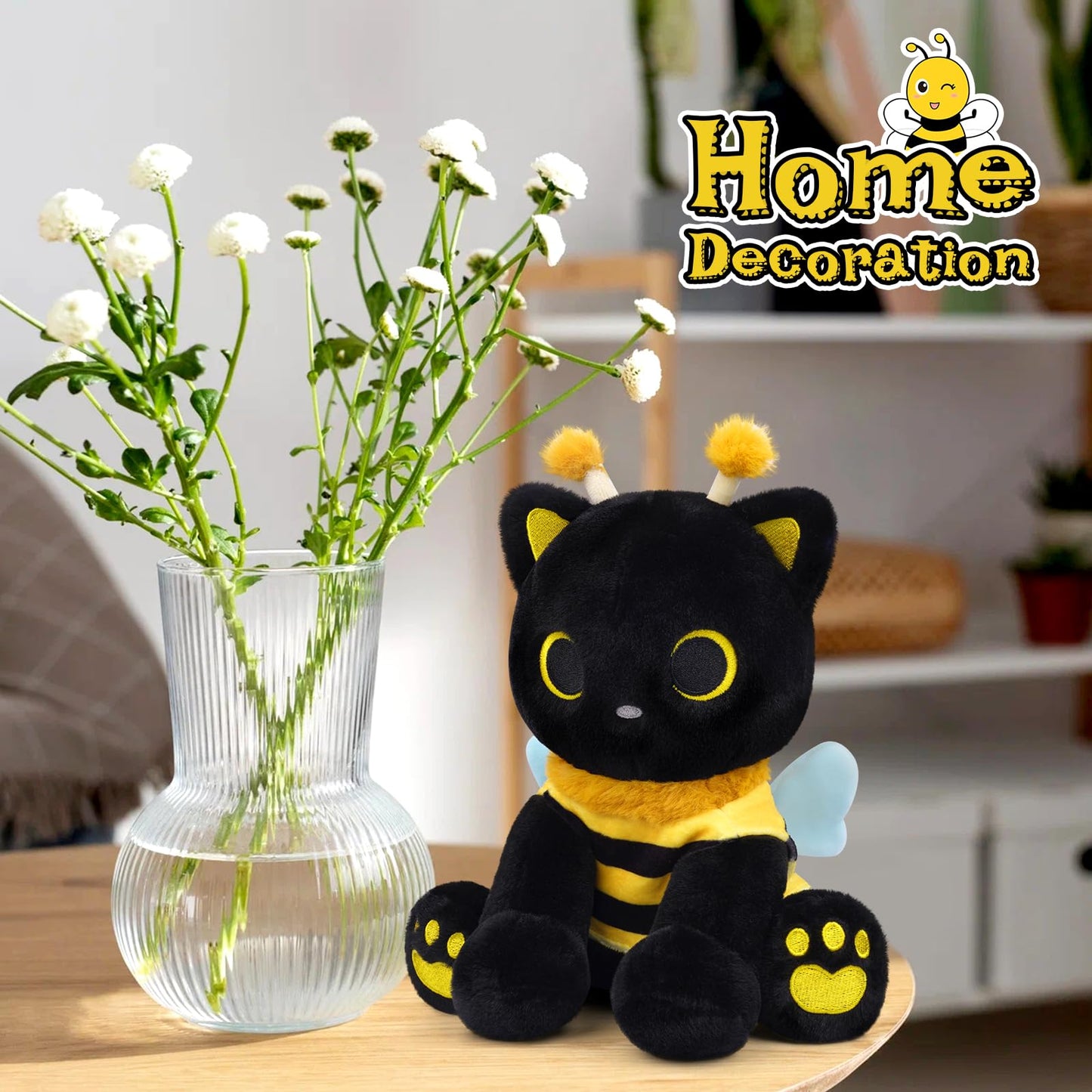 Hagusahuo Cat Bee Plush — 8-inch Kawaii Black Cat in Honeybee Outfit