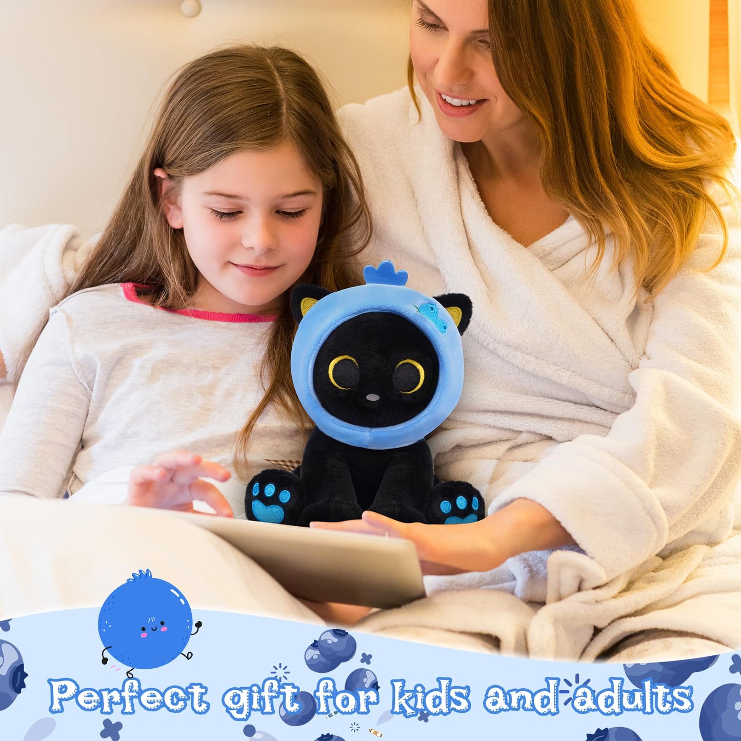 Hagusahuo Black Cat Plush – 8in Blueberry Headpiece Cat Toy for Kids
