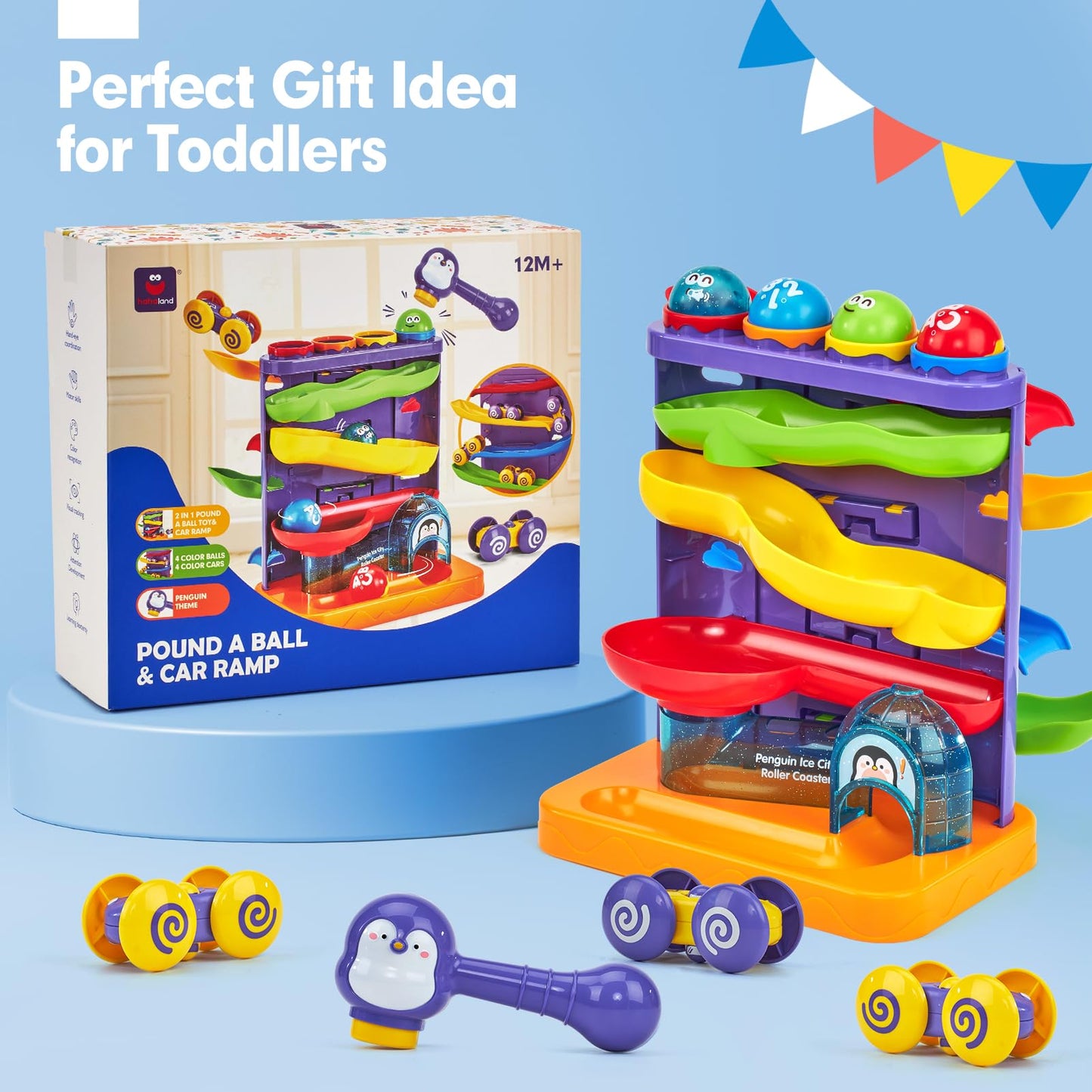 Hahaland 2-in-1 Toddler Toys: Pound Balls & Car Ramp Race Track for 1–3 Year Olds