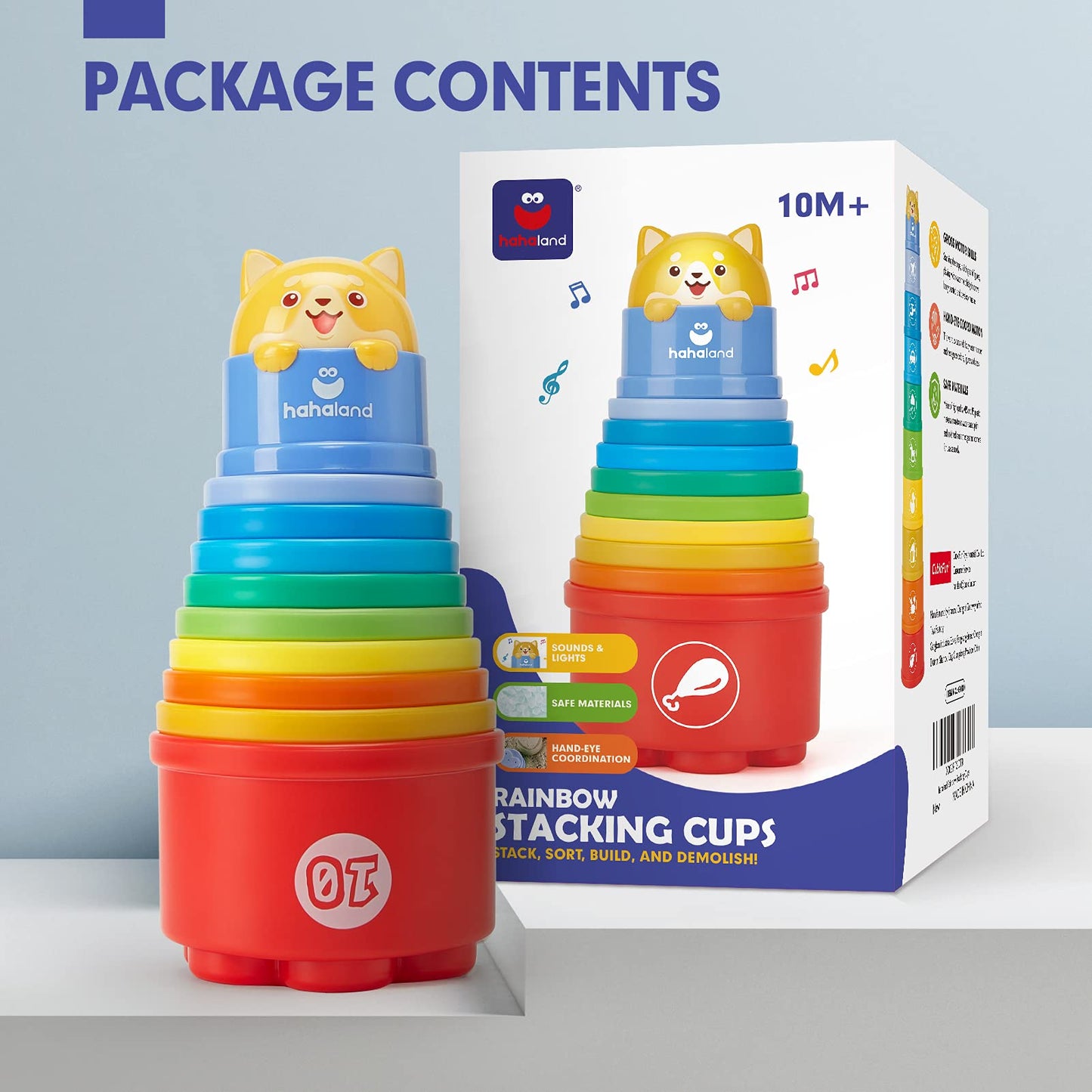 hahaland Stacking Cups for Toddlers 1-3 | 10-Piece Light & Sound Toy