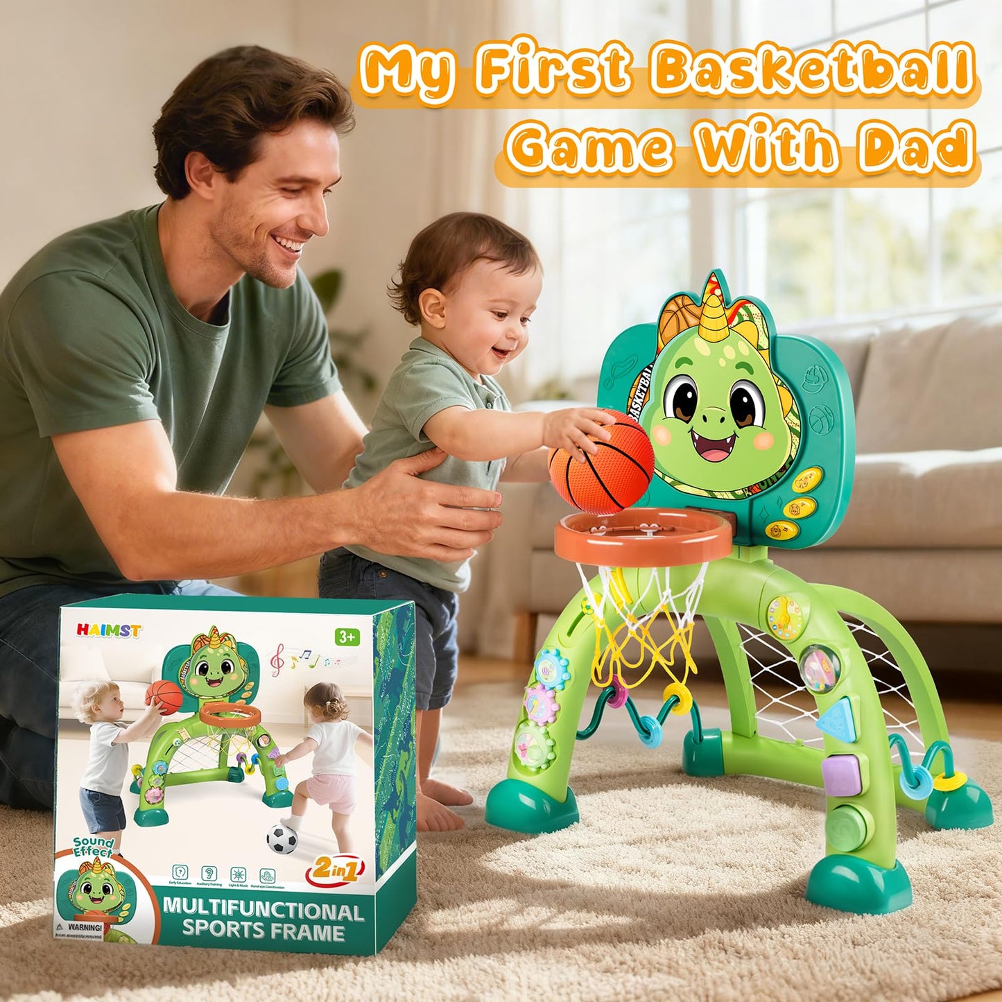 HAIMST 2-in-1 Dinosaur Sports Toy: Toddler Basketball Hoop & Soccer Goal with Lights