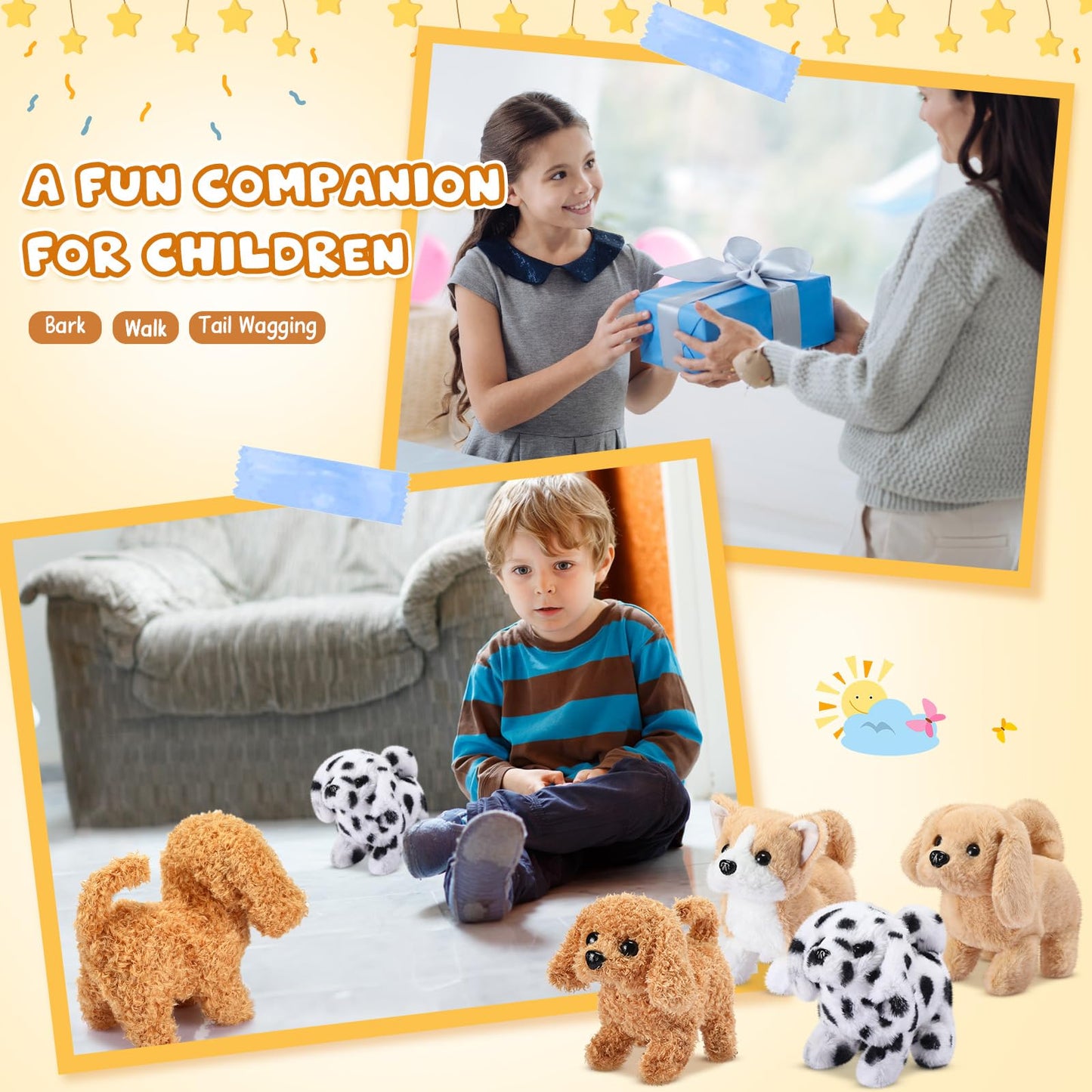 Halloscume 4 Pcs Interactive Dog Toys for Kids – Plush Electronic Puppies That Walk, Bark & Wag