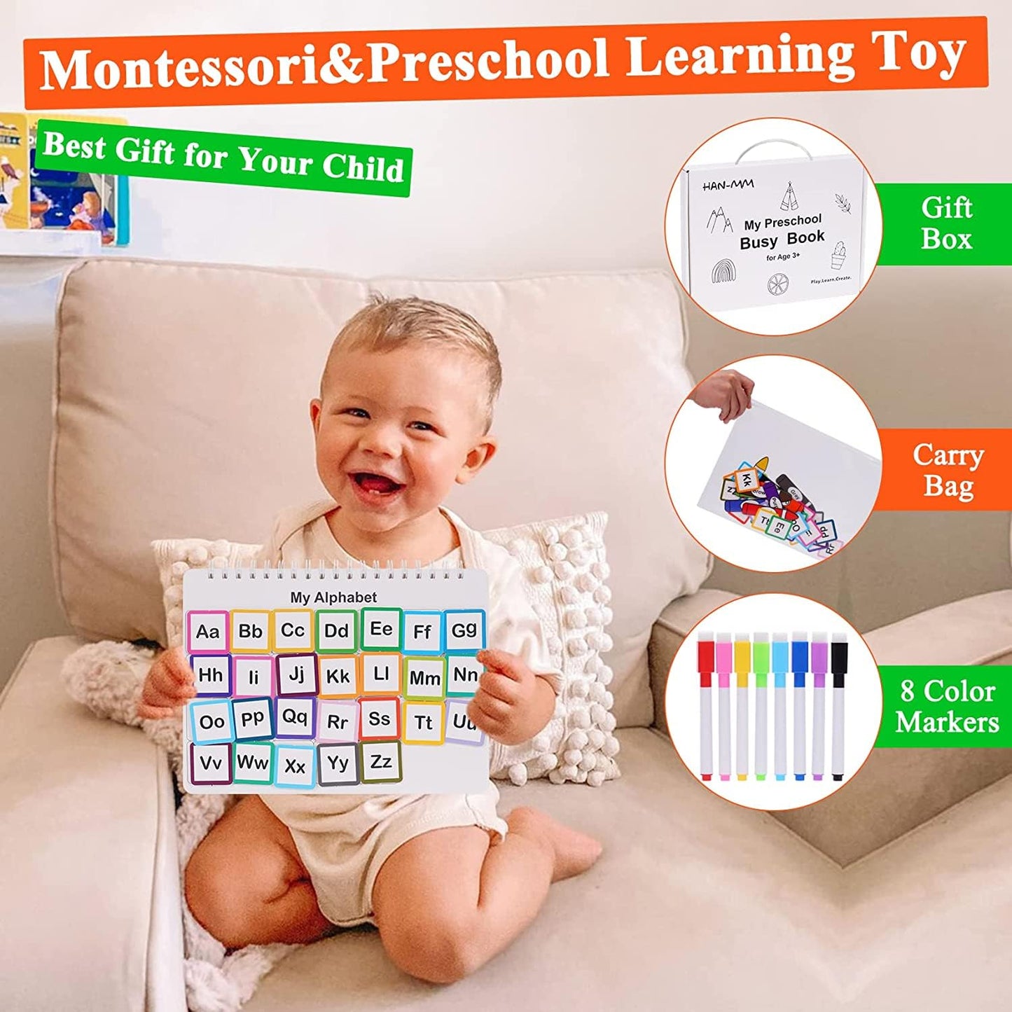 HAN-MM Busy Book for Toddlers 3-5 | 30 Themes, 8 Markers, Montessori Toolkit