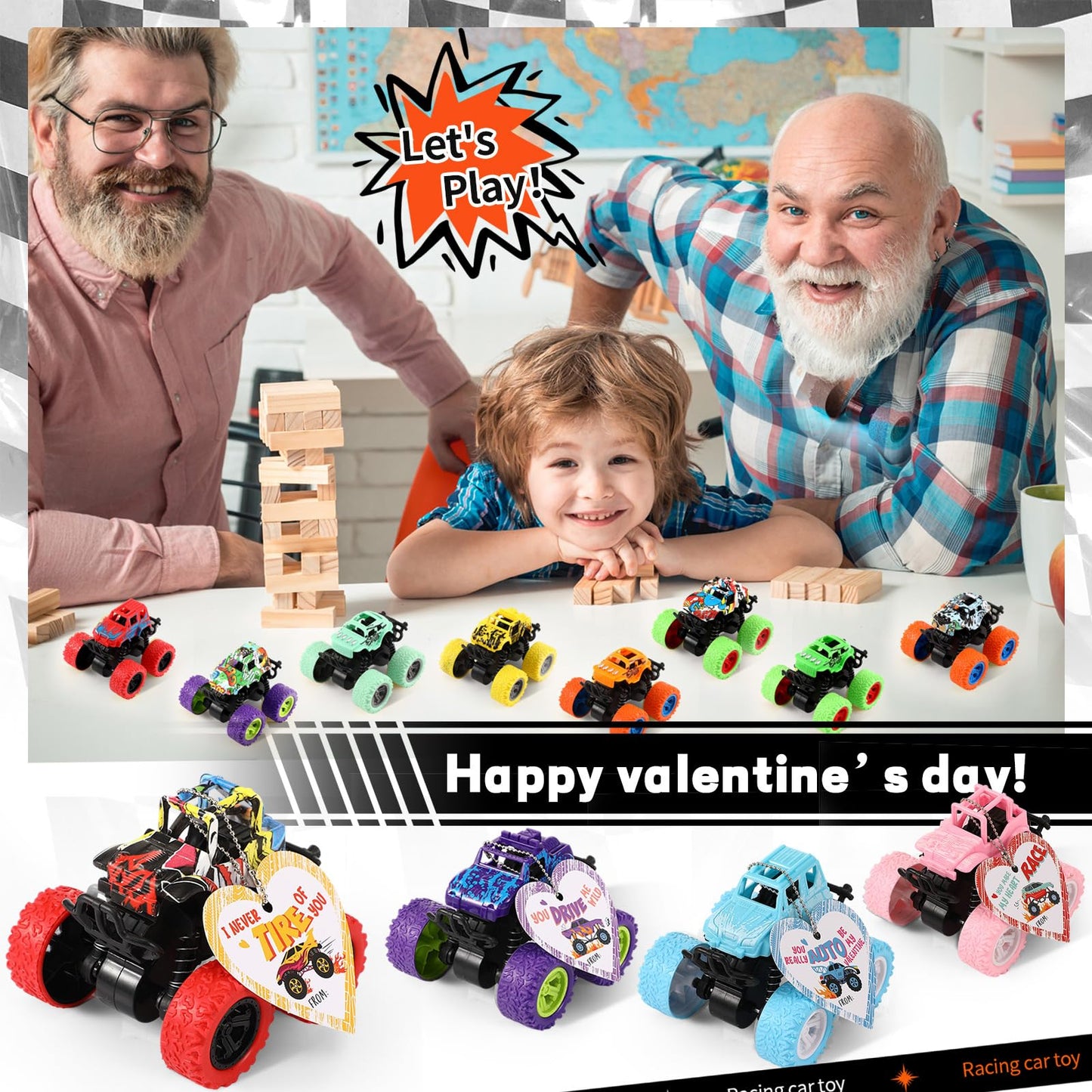 Hanaive 24-Pack Valentines Monster Trucks & Cards Gift Set for Kids
