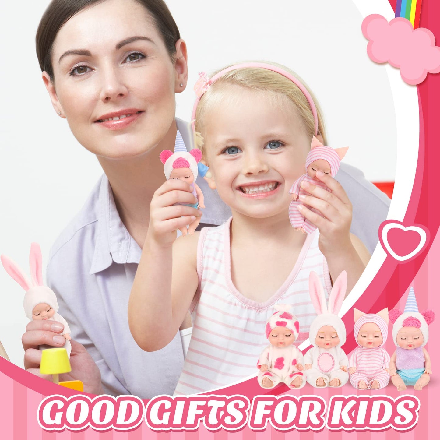 Hanaive 4 Pcs Mini Baby Dolls – 4-Inch Lifelike Dolls with Animal Clothes | Cute Gifts for Kids