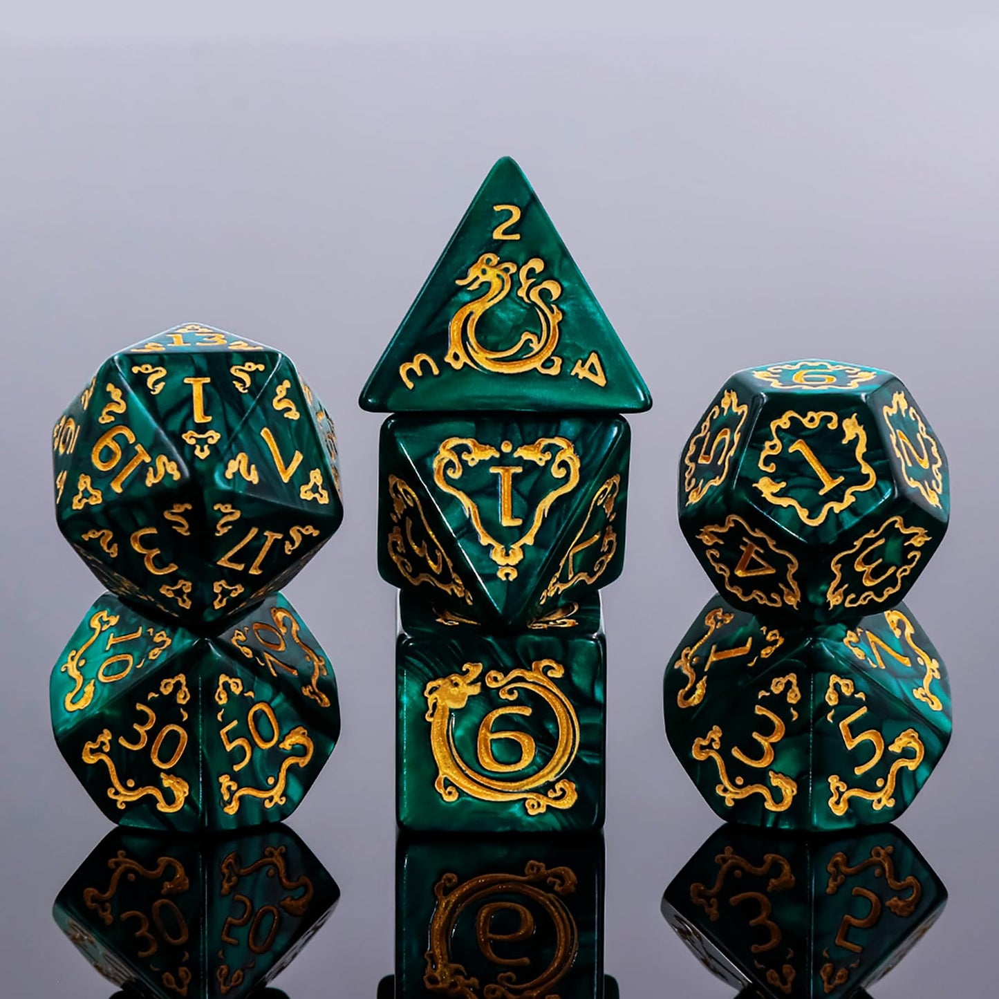 Handan DND Dice Set - 7 Polyhedral Acrylic Dice with Green Pearl & Gold Dragon Design