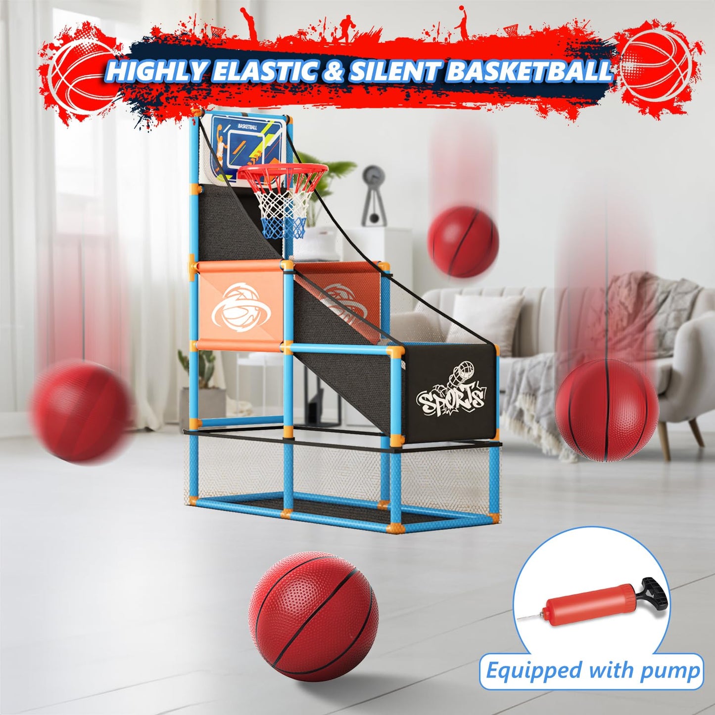 Handwell Arcade Basketball Game Set — Indoor/Outdoor Kids Hoop, 4 Balls, Adjustable Height