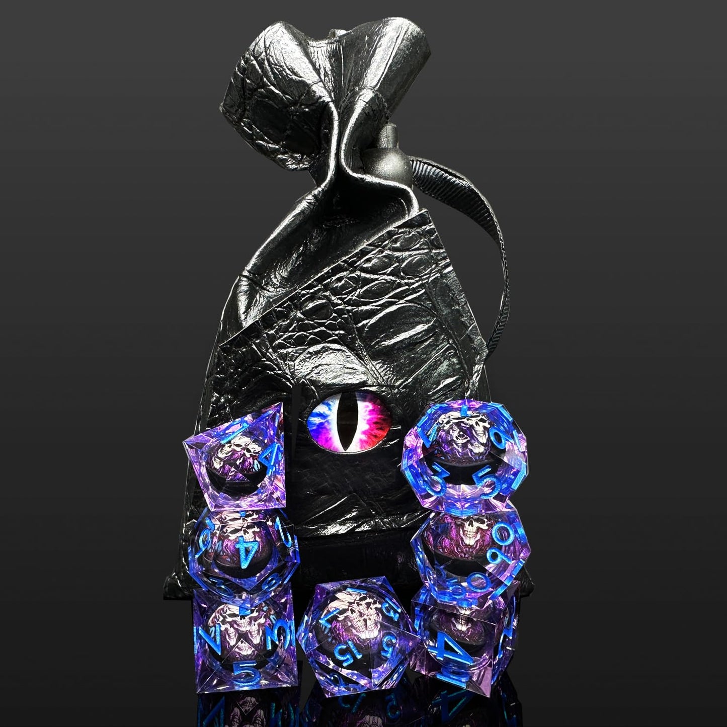 HAOMEJA Skull D&D Monster Resin Dice Set – 7 Sharp-Edged DND Dice with Dragon Eye Gift Bag (Purple)
