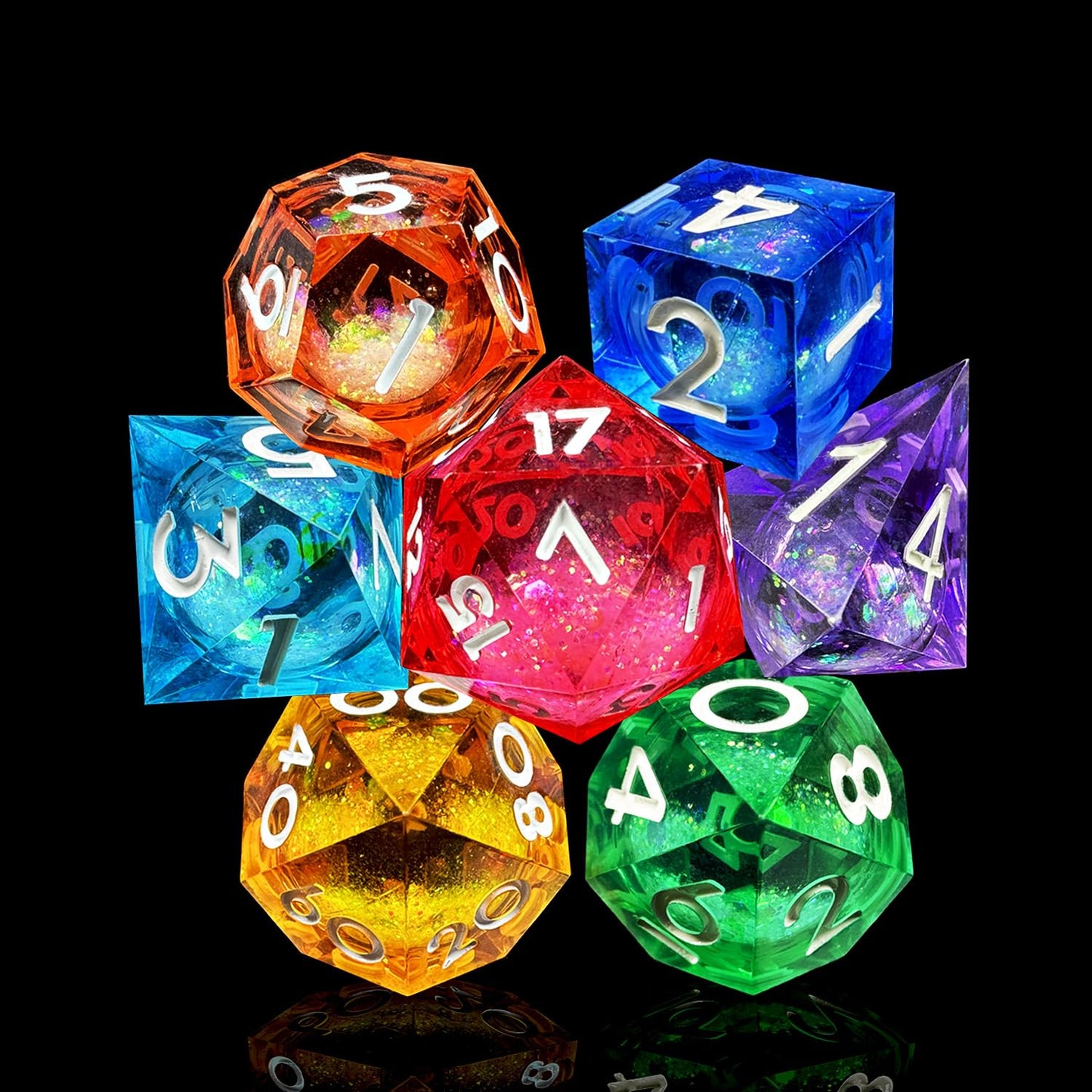 HAOMEJA Liquid Core Resin DND Dice Set 7Pcs – Sharp Edge RPG Dice for D&D (D20–D4)
