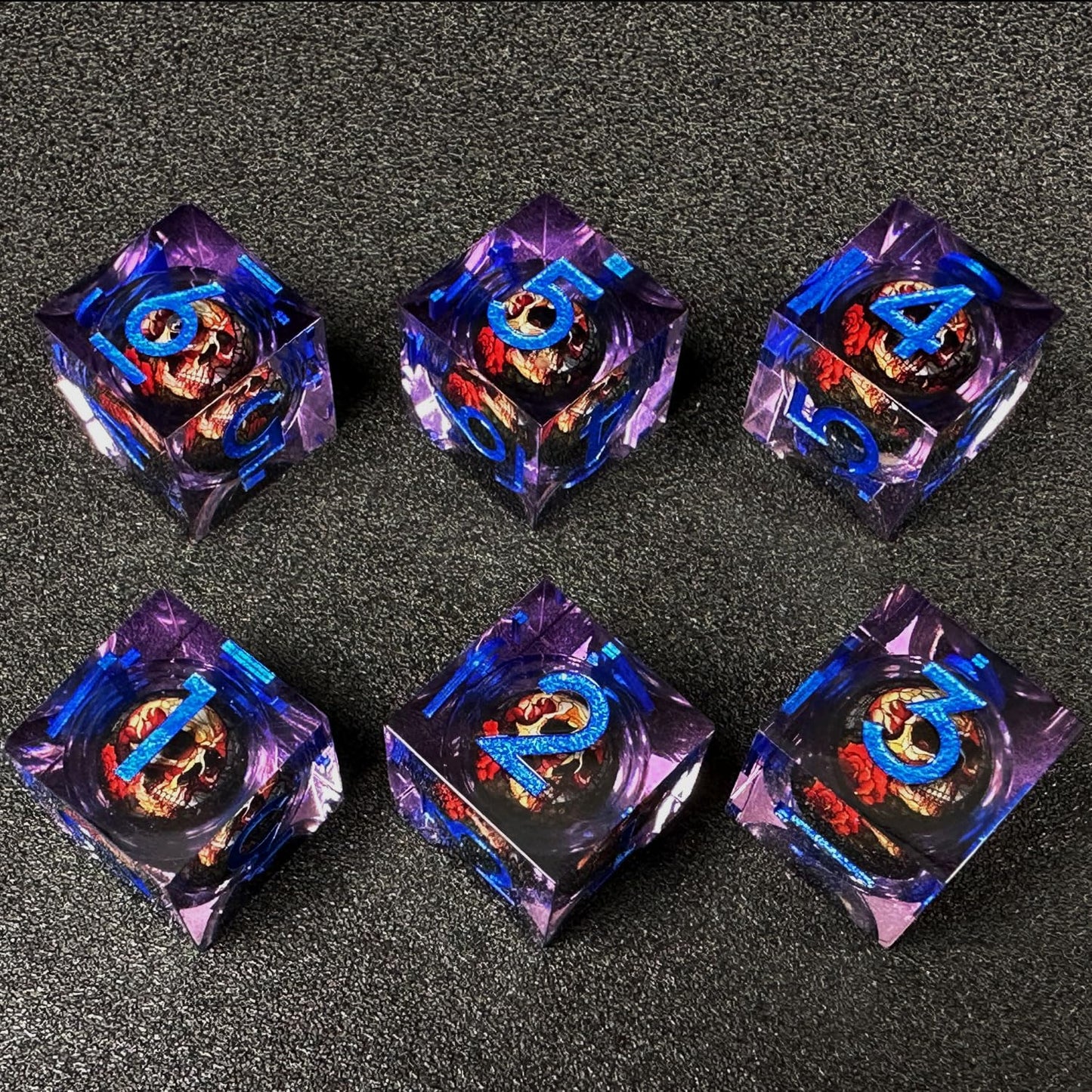 HAOMEJA Skull D6 Resin Dice Set – 6pcs Handmade DND RPG Dice, Purple Skull Design