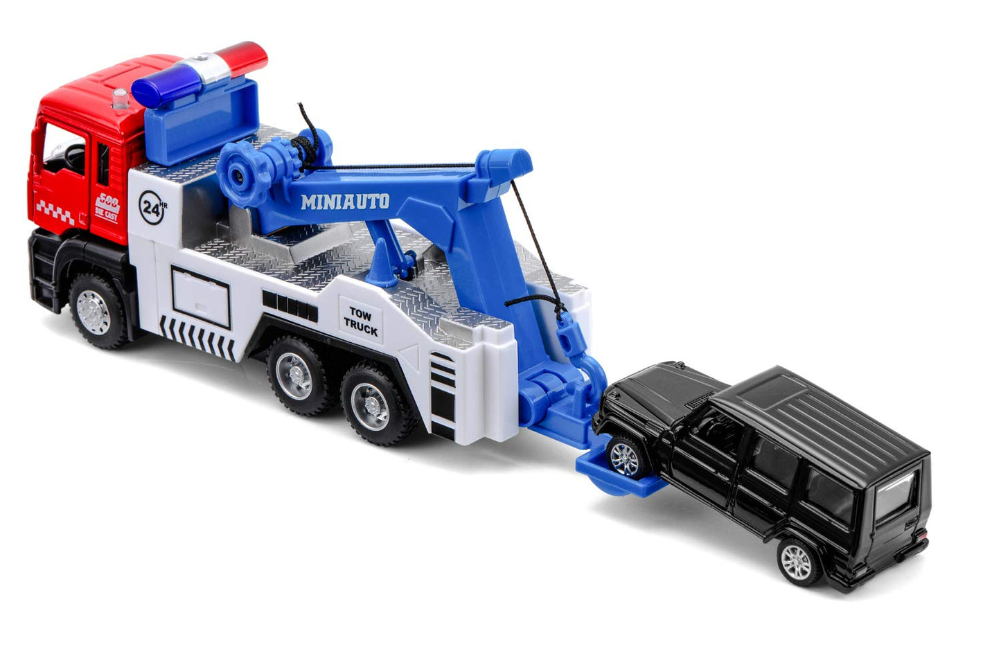 haomsj Toy Tow Truck Pull Back – Lights & Sound Carrier Truck 1:50 Scale