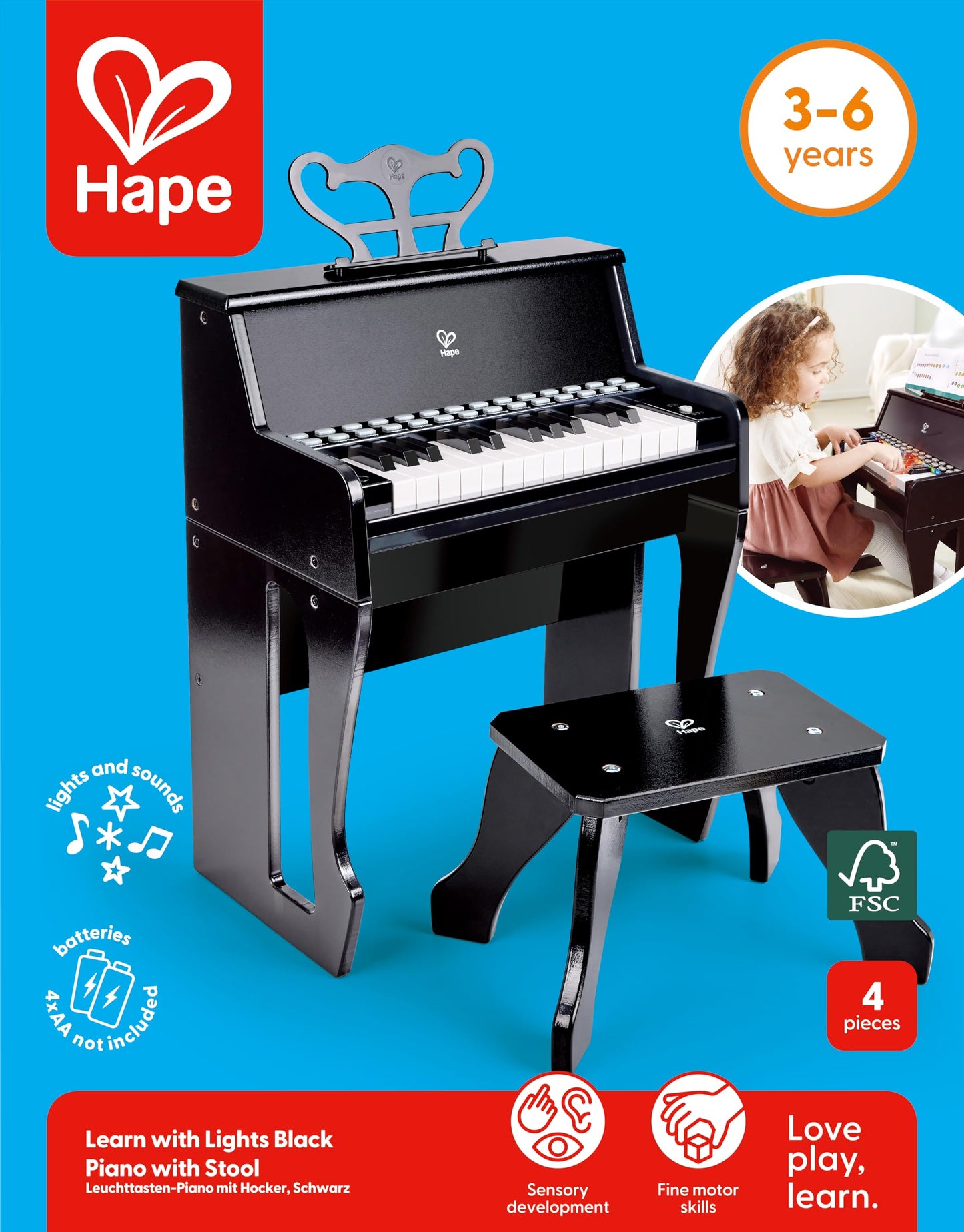 Hape Learn with Lights Black Piano with Stool – 25-Key Kids Keyboard