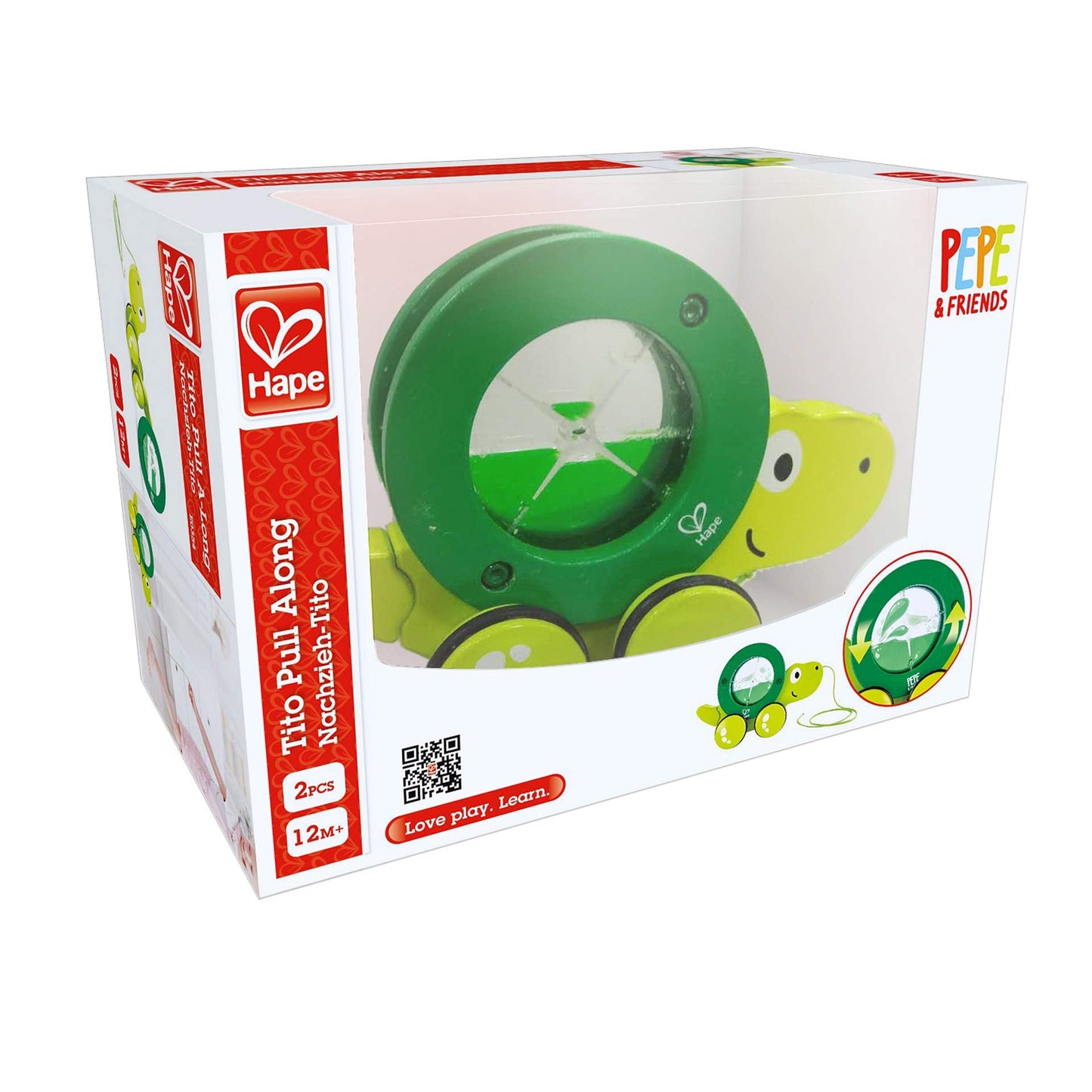 Hape Tito Pull Along | Wooden Turtle Toy with Swirling Shell – Green
