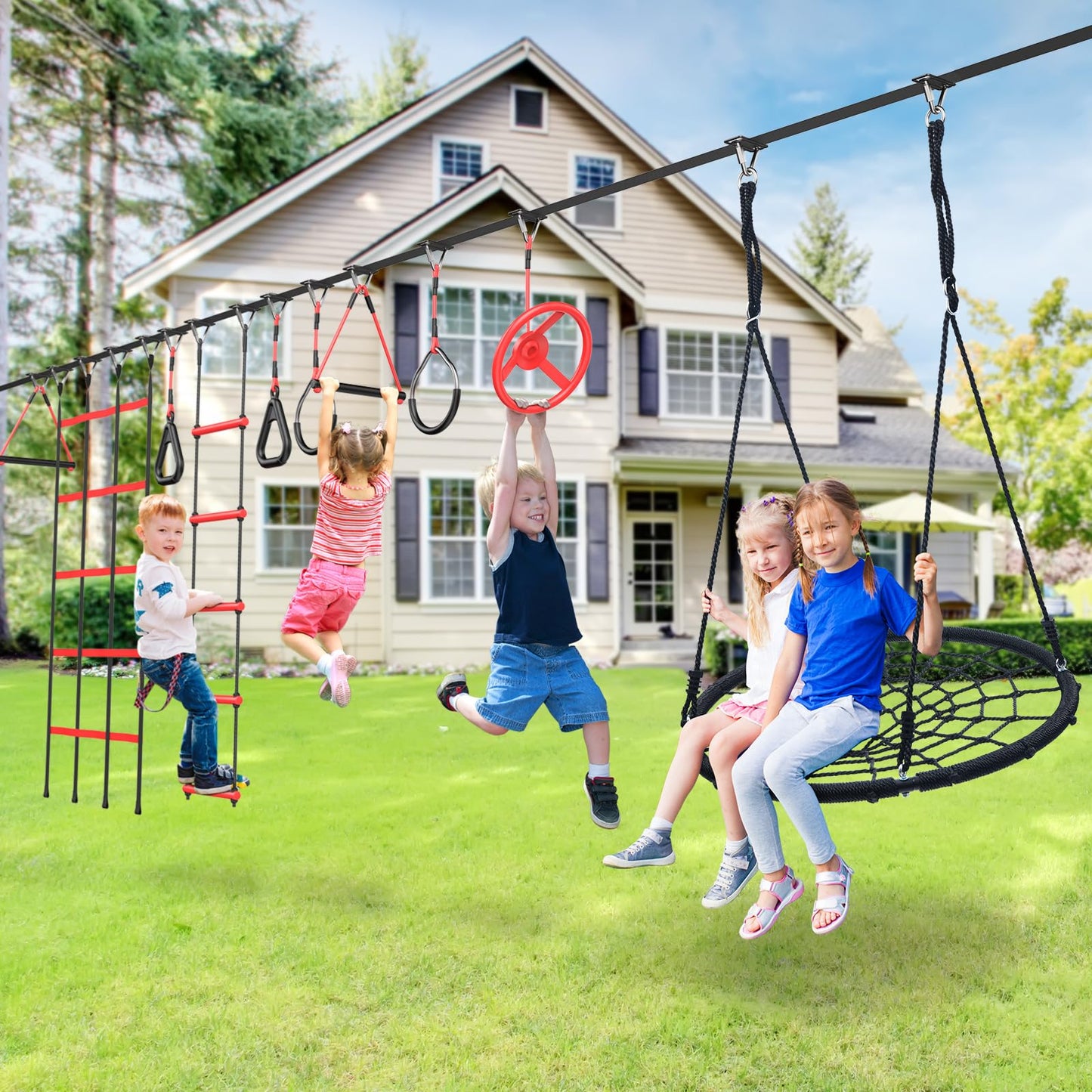 Hapfan 50 ft Ninja Warrior Obstacle Course for Kids – Portable Tree Swing & Slackline Playset