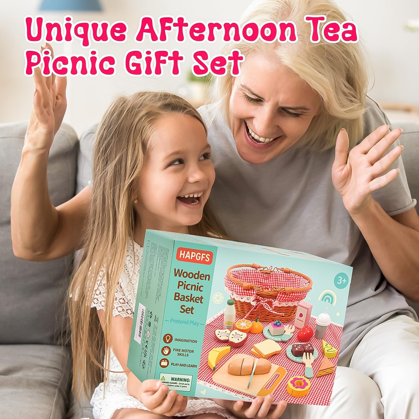 HAPGFS Wooden Picnic Basket Toy Set – Realistic Play Food for Kids 3-8