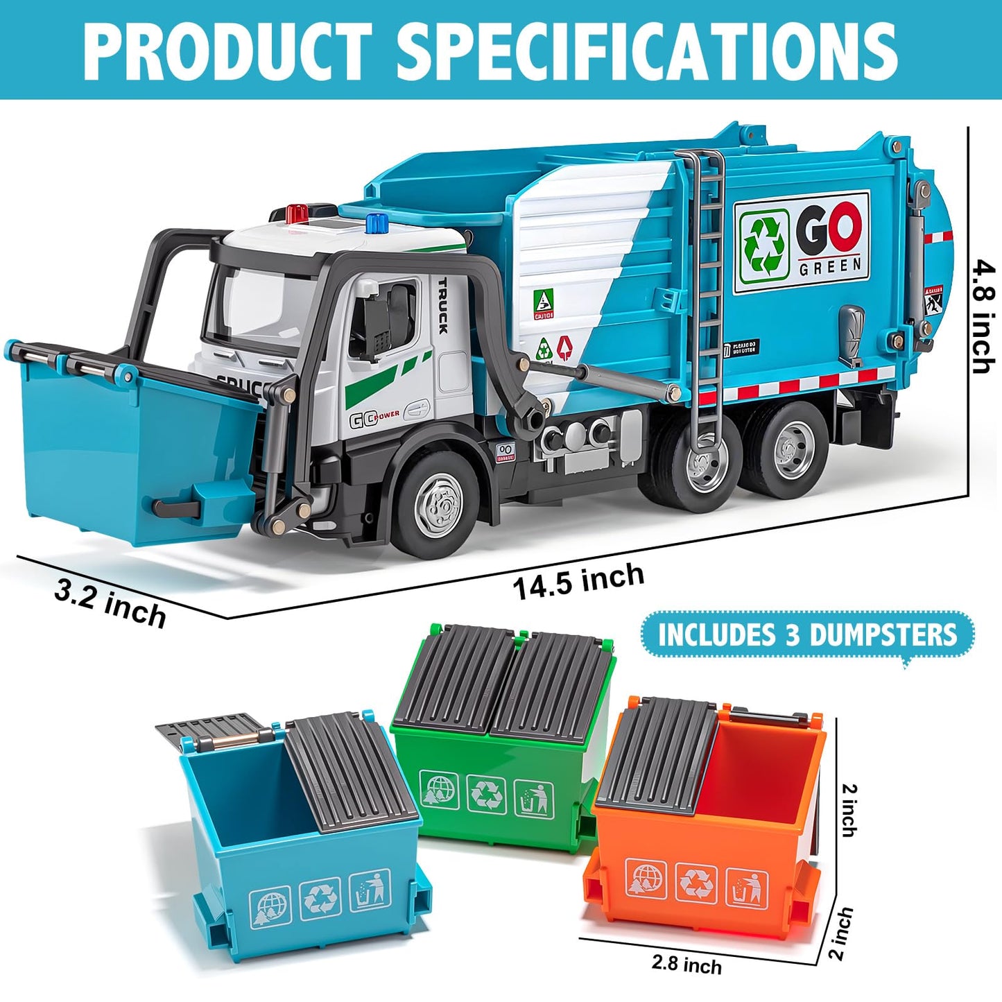 HAPYAD Auto-Lift Garbage Truck Toy – Metal Cab, 3 Dumpsters, Lights & Sounds (Blue)