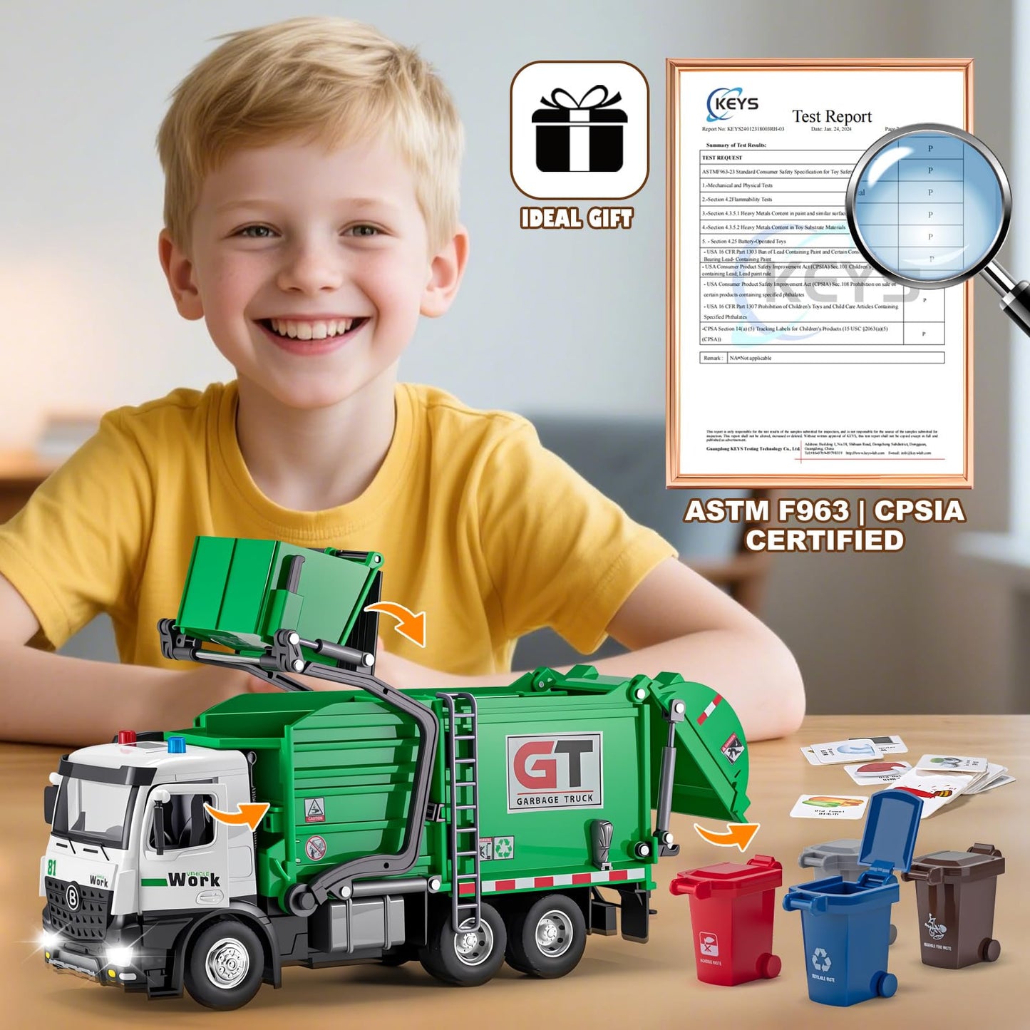 HAPYAD Garbage Truck Toy – Metal Cab, Lights & Sounds, Friction-Powered Front Loader (12 inches)