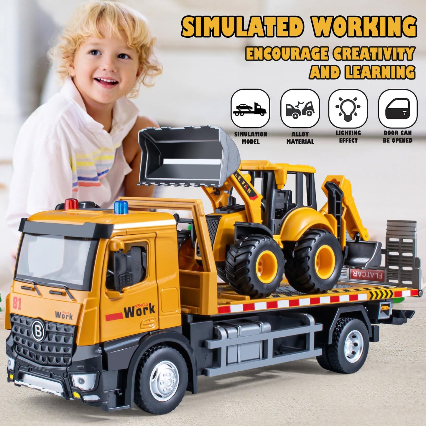 HAPYAD Tow Truck Toy: Metal Cab, Friction-Powered with Lights & Siren, 12.5-Inch Construction Vehicle