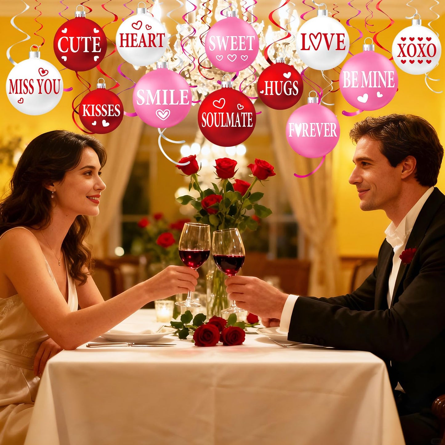 Harrycle 54 Pcs Valentine's Day Hanging Decorations Set - Red Pink White Ball Ornaments & Foil Swirls for Parties