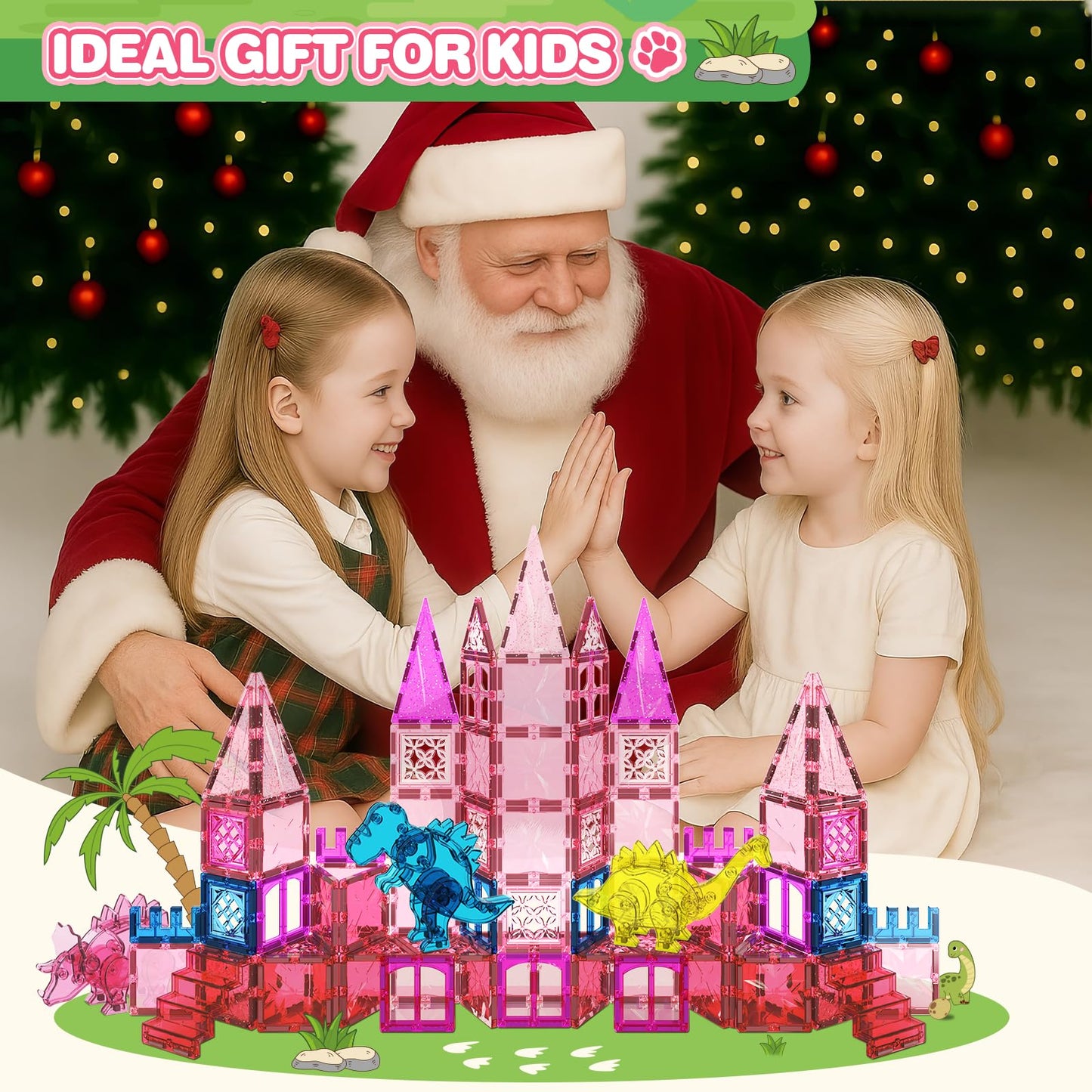 HarworLife 60Pcs Dinosaur Magnetic Tiles – STEM Building Blocks for Kids Aged 3-8 | Pink Theme
