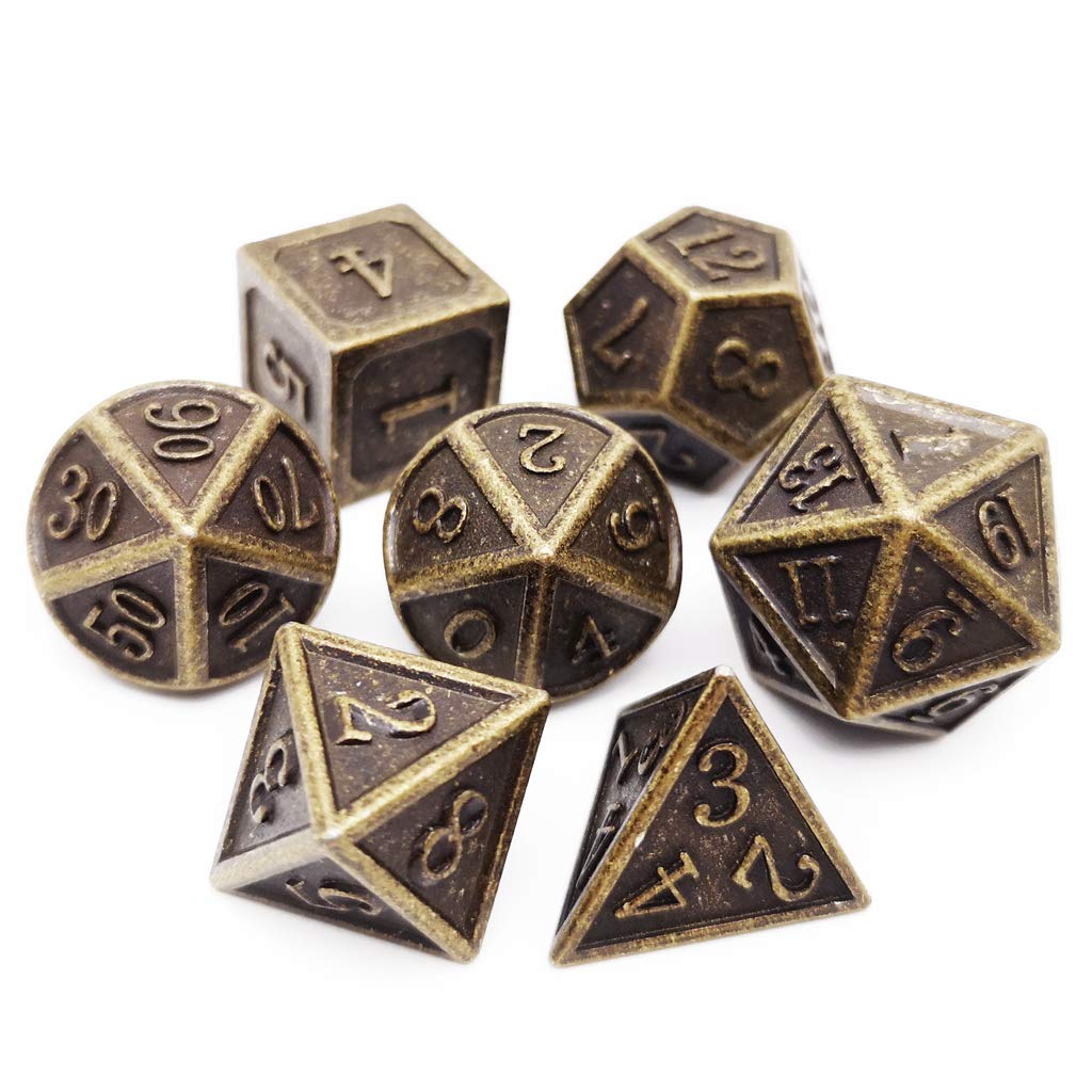 Haxtec DND Metal Dice Set – Antique Bronze 7-Piece D&D Dice (D20, D12, 2x D10, D8, D6, D4)