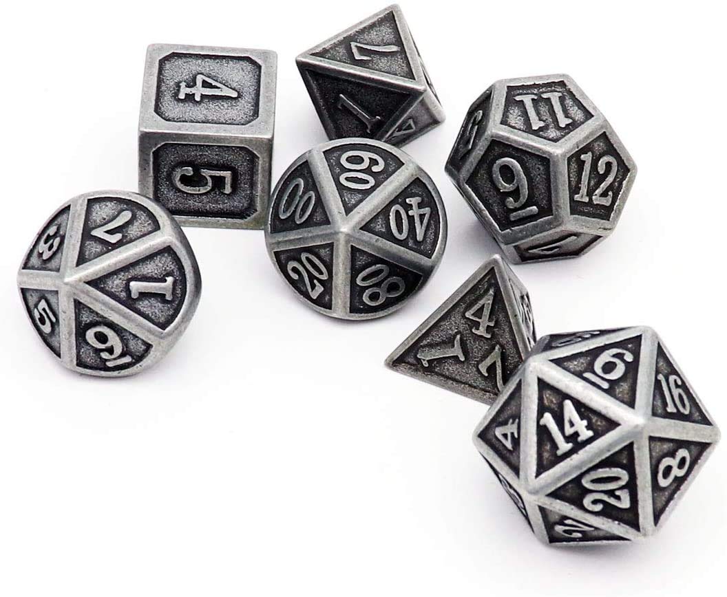 Haxtec Antique Iron DND Dice Set – Silver Metal Polyhedral Dice with Leather Bag