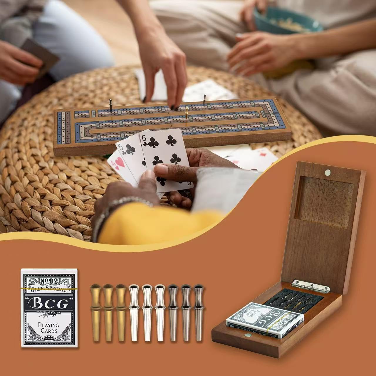 Hdsahdok Wooden Cribbage Board Game Set – Travel 3-Track Deluxe Kit
