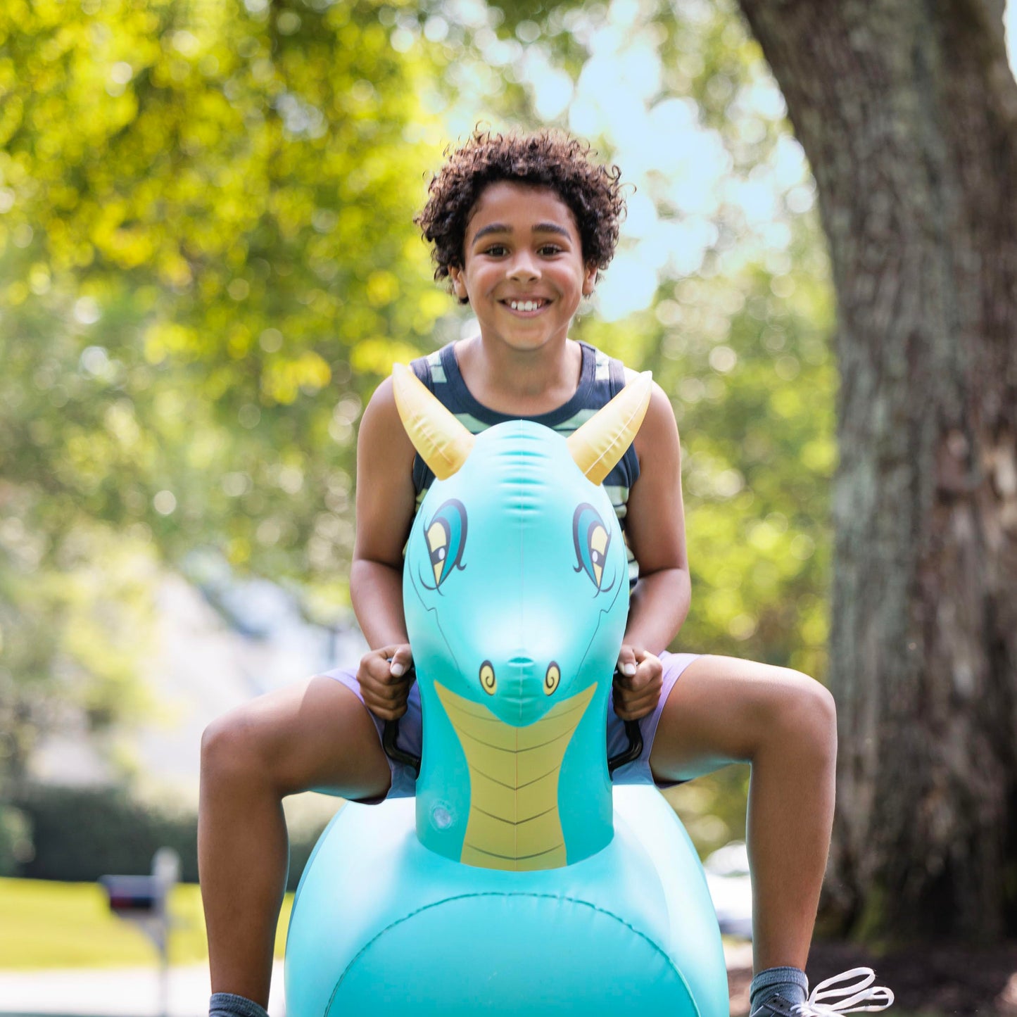 HearthSong Hop N Go Blue Dragon Inflatable Bouncer for Kids 5+ | Outdoor Ride-On Toy