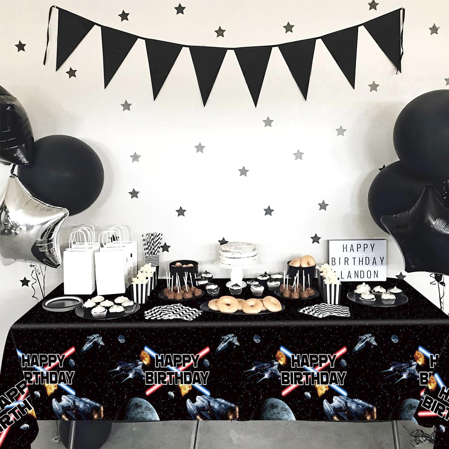 Heboland 3-Piece Space Battleship Tablecloth Set – 54 x 108 in Galaxy Starship Birthday Decorations