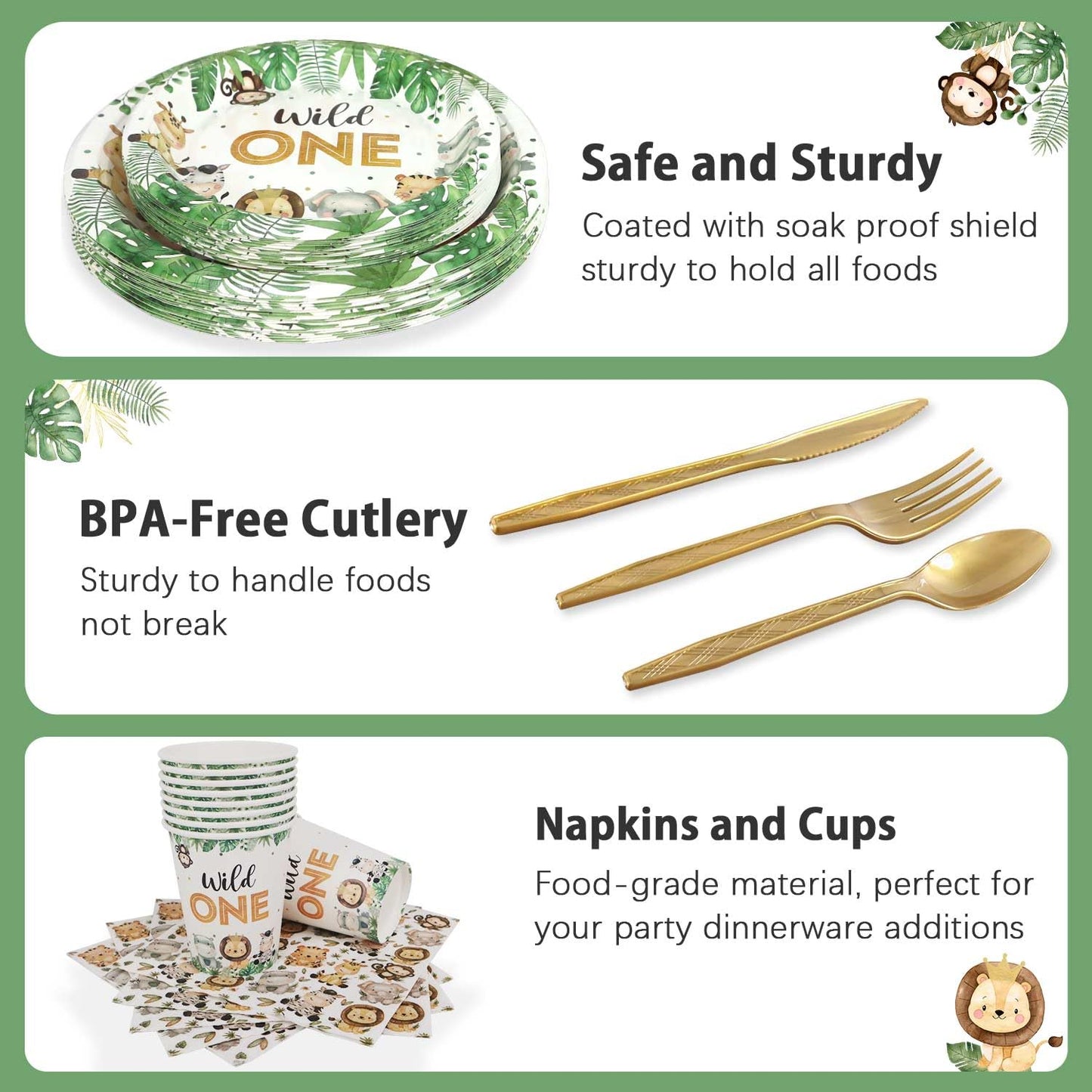 Heboland 175 Pcs Wild One Safari Birthday Party Supplies – Plates, Cups, Napkins & Cutlery for 25 Guests