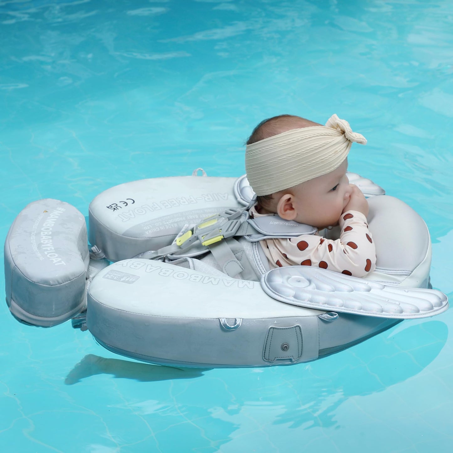 HECCEI Mambobaby Float with Removable Tail & Canopy — Non-Inflatable Baby Swim Float, Soft Leather, Global Limited Edition Silver