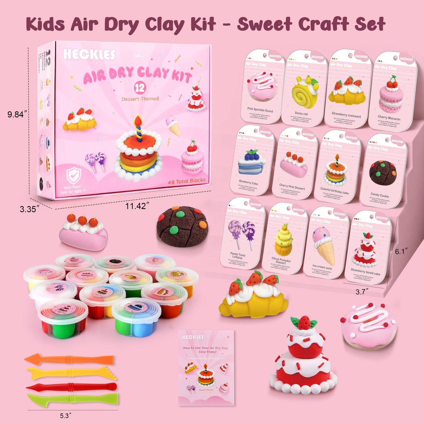 HECKLES Air Dry Clay Kit for Kids (3-12) – Non-Toxic Dessert-Themed DIY | 12 Boxes, 48 Blocks