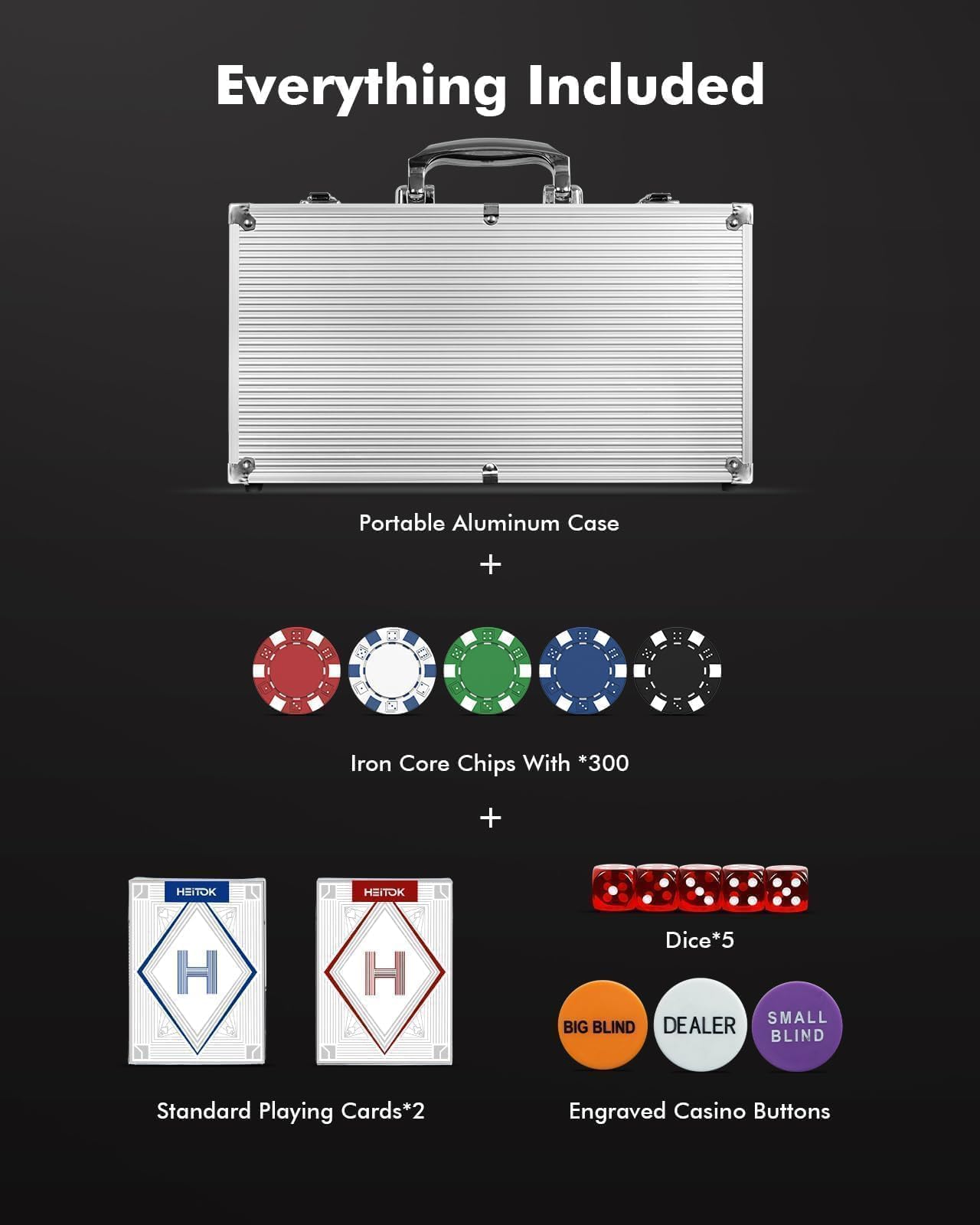 HEITOK Texas Hold'em Poker Chip Set – 300 Chips, Aluminum Case, Dice & Cards