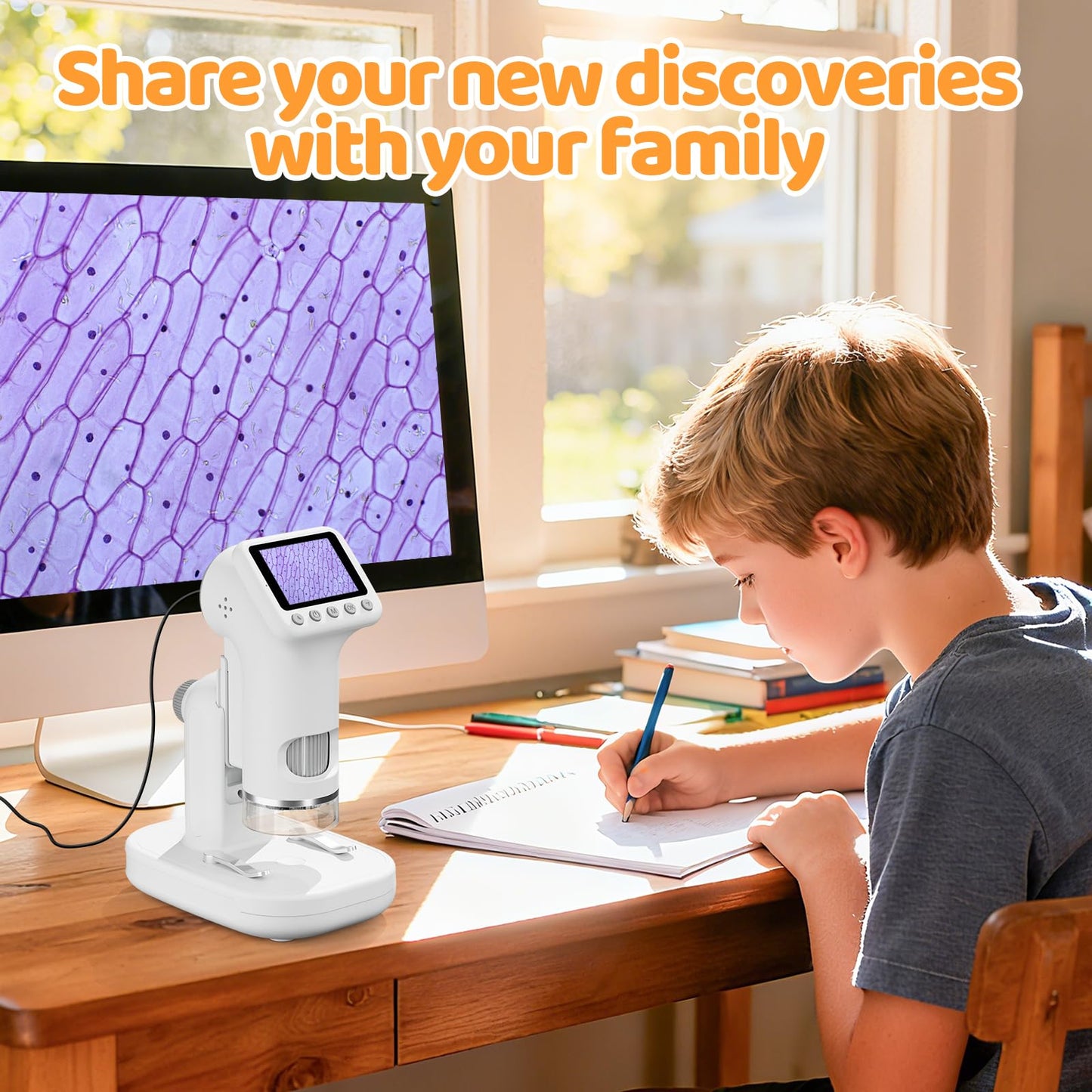 HEWEIMEI 1600X Kids Microscope – 2-Inch Screen, 100x-1600x Magnification, Slides Kit