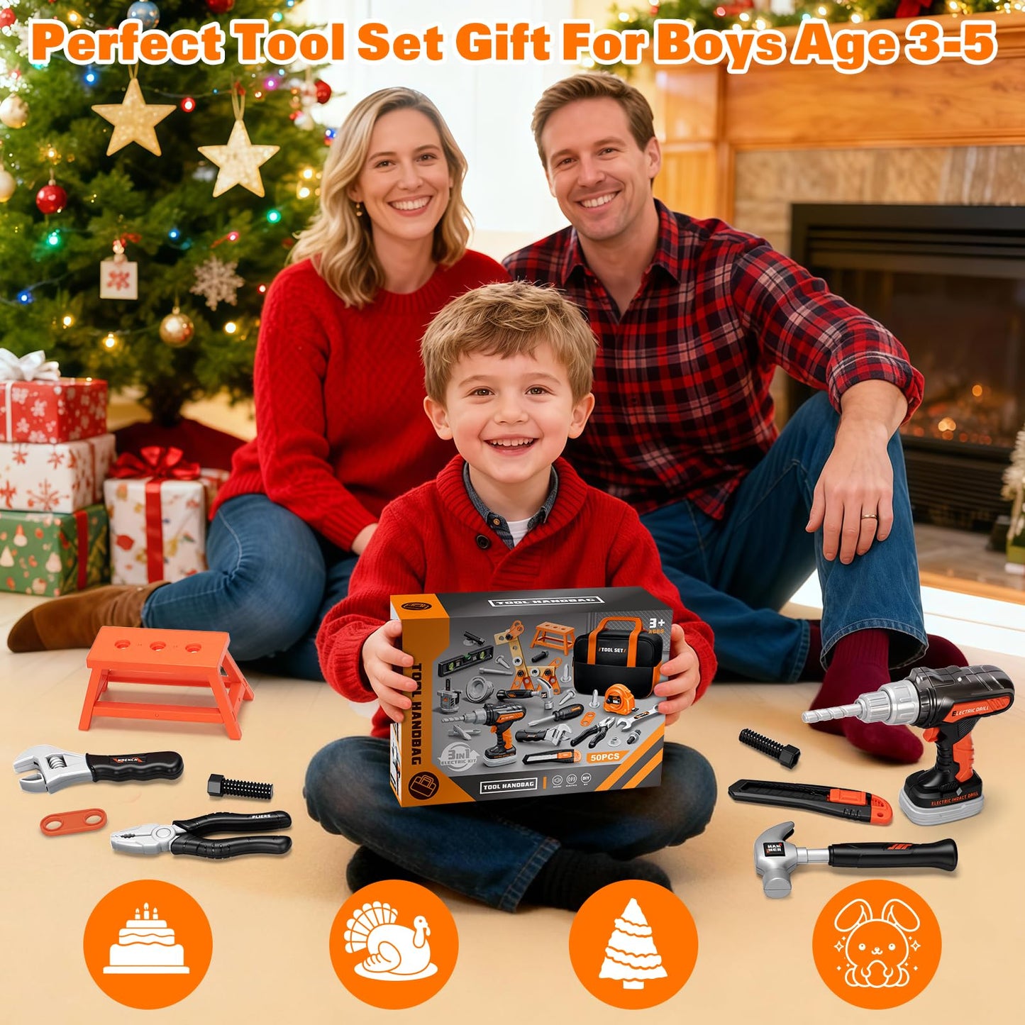 Heygelo 50-Piece Kids Tool Set – Pretend Play Construction Kit with Portable Toolbox & Electric Drill (Ages 3-8)