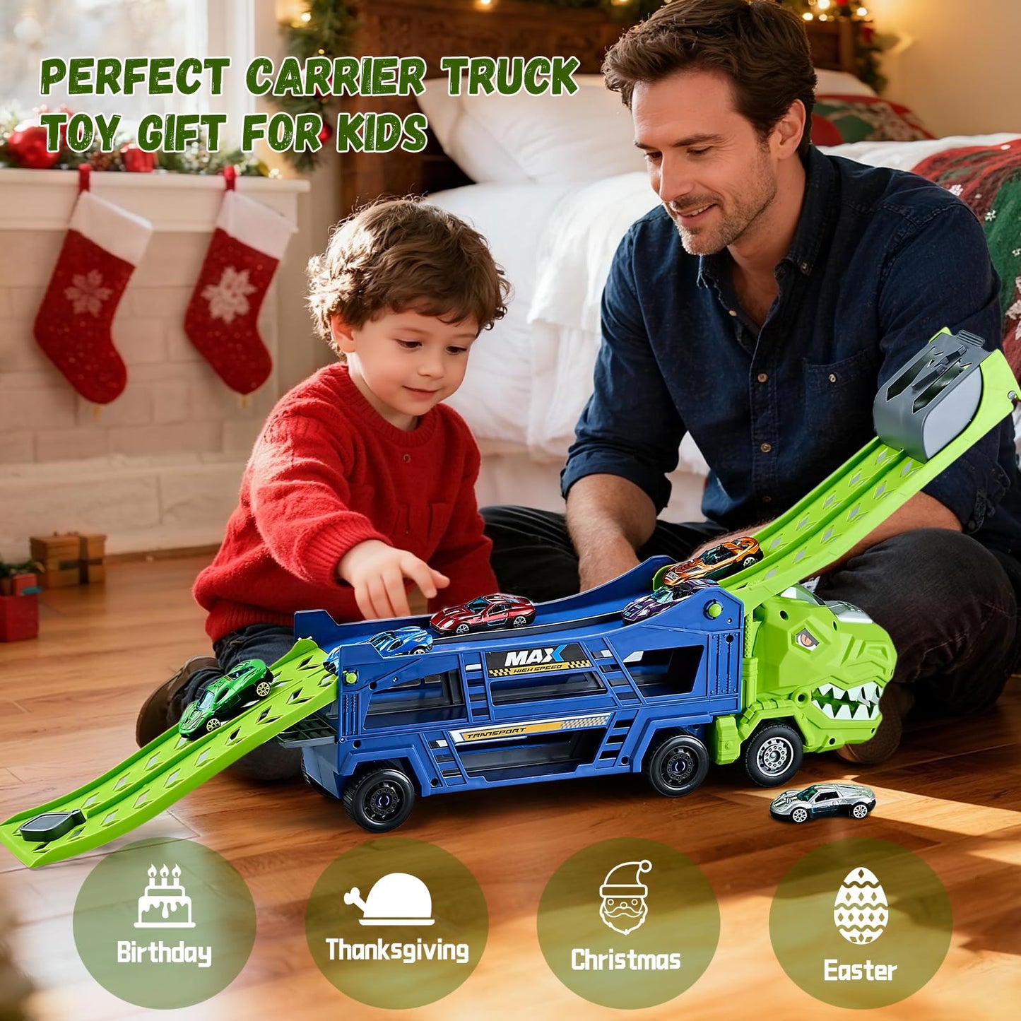 HeyGelo Dinosaur Truck Toys for Kids 3-5 – 3-in-1 Transporter with 6 Die-Cast Cars (Jungle Blue)