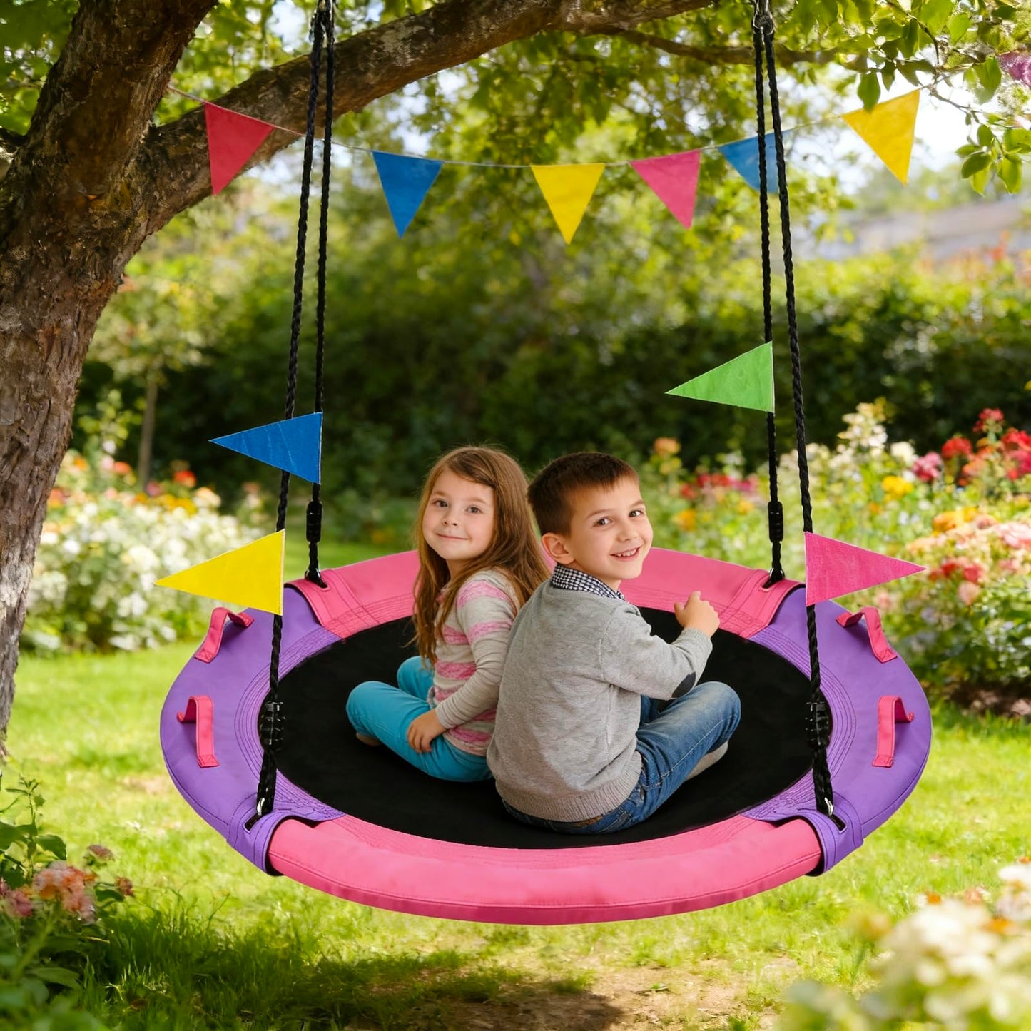 HeyZoo 43-Inch Saucer Swing – 900 lbs Capacity, 360° Swivel, Pink & Purple
