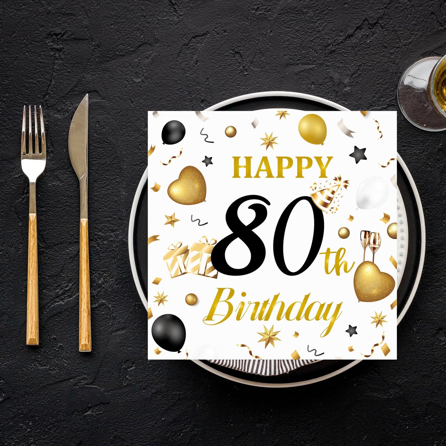 HFBOBP 50-Pack 80th Birthday Napkins — White & Gold, 13x13 in, Disposable Party Tableware