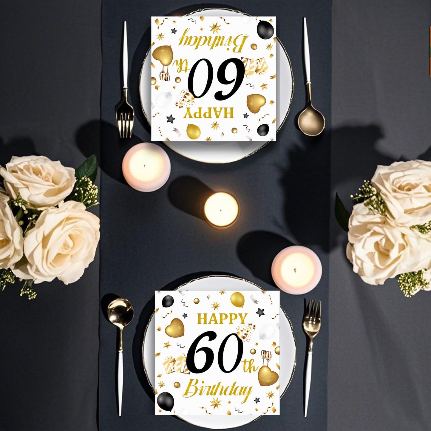 HFBOBP 60th Birthday Napkins – White & Gold, 50 Pack, 13x13 in