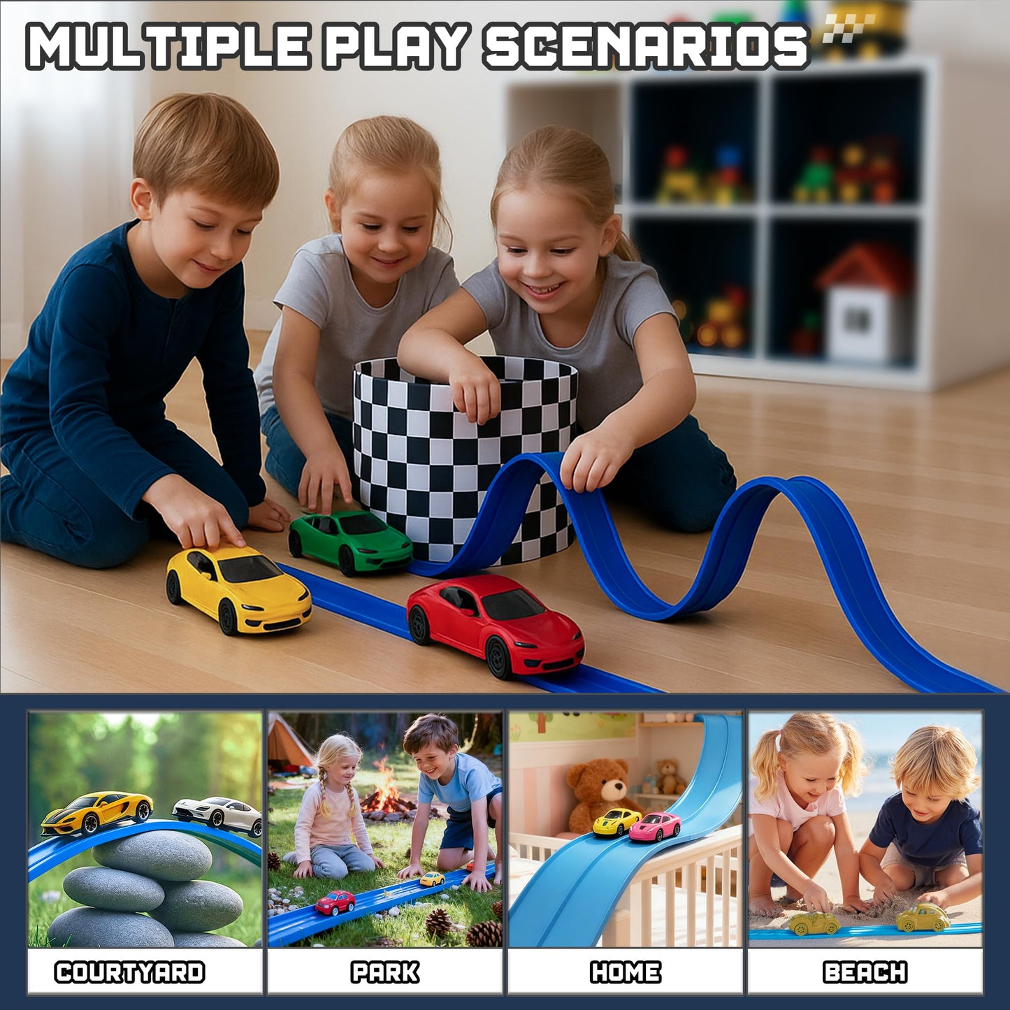 HGEVFL 15.75 Ft Flex Track for Kids – Roll-Up Race Track with 4 Cars, Suction Cups & Anchors (Blue)