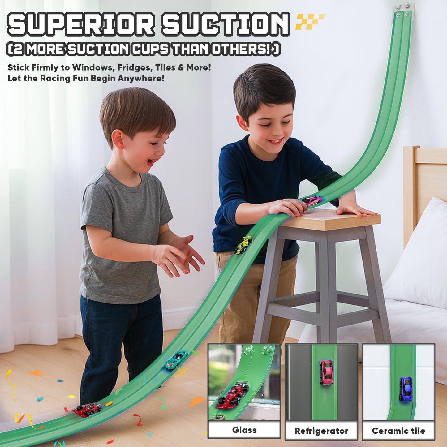 HGEVFL 15.75 Ft Flex Track for Kids – Roll-Up Portable Race Track, 4 Cars, Green