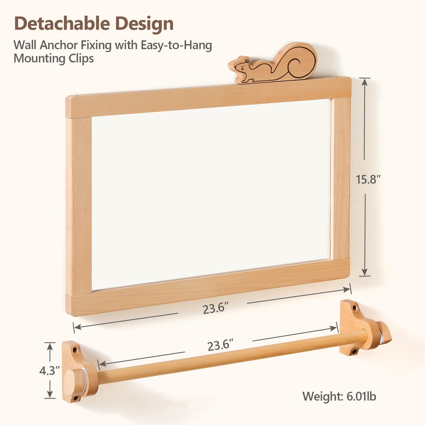 HI BABY MONMENT Montessori Mirror with Bar | Detachable Wooden Frame & Safe Wall Mount