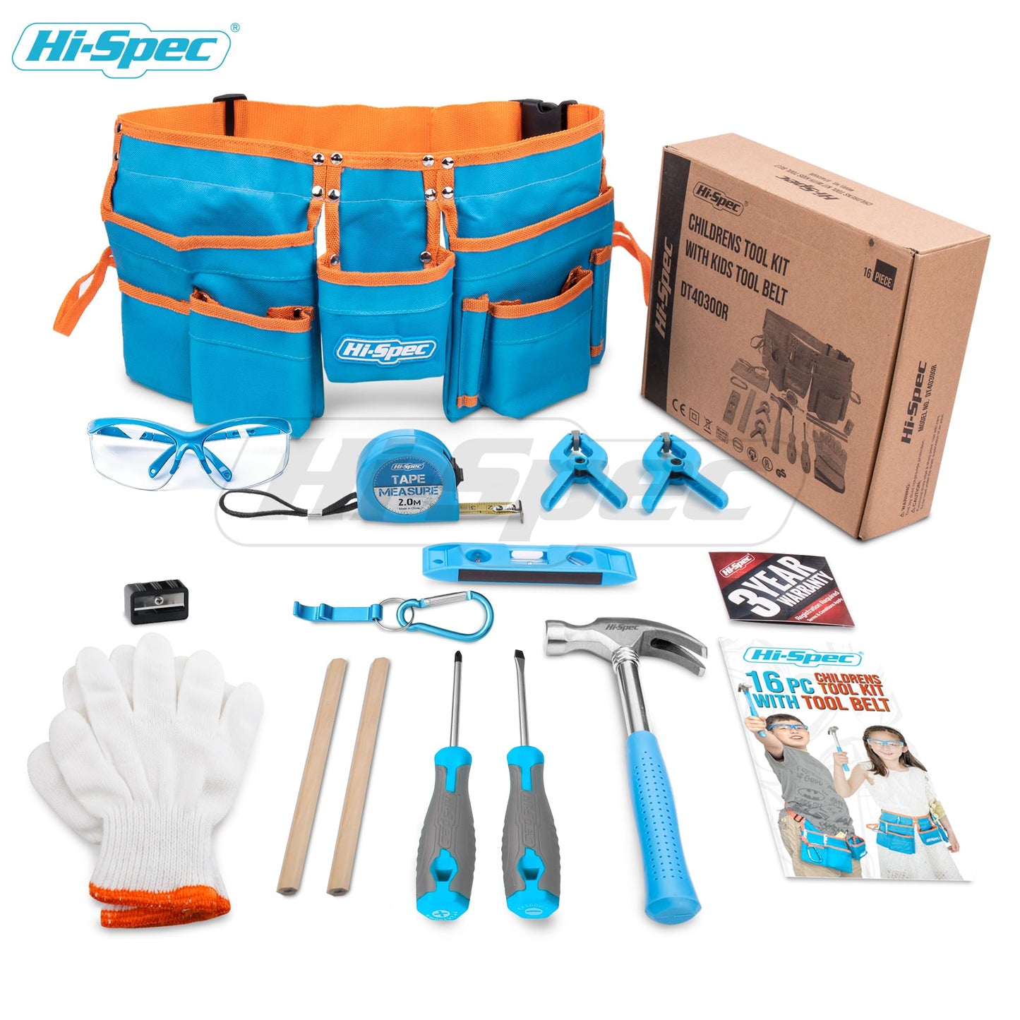 Hi-Spec 16pc Kids Tool Set with Tool Belt – Child-Sized DIY Kit for STEM, Blue