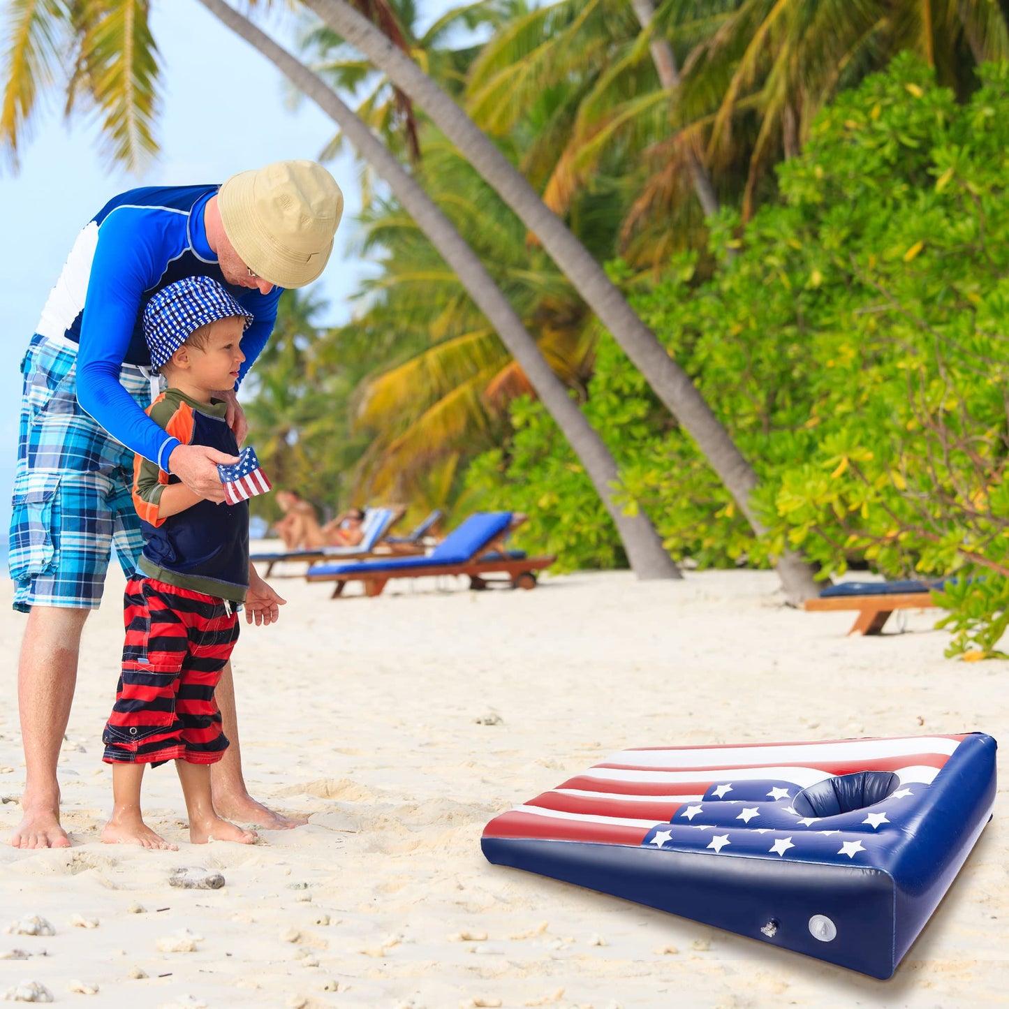 Hiboom Pool Cornhole Inflatable – American Flag Theme, 8 Bean Bags Included (2 Sets)