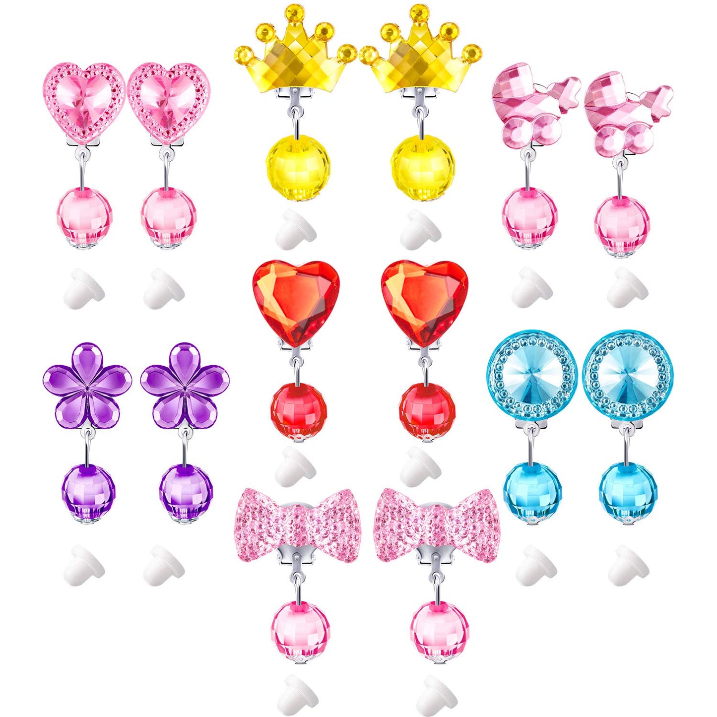 Hicarer 7 Pairs Girls Clip-On Earrings – Crystal Drop Princess Jewelry Set with Box