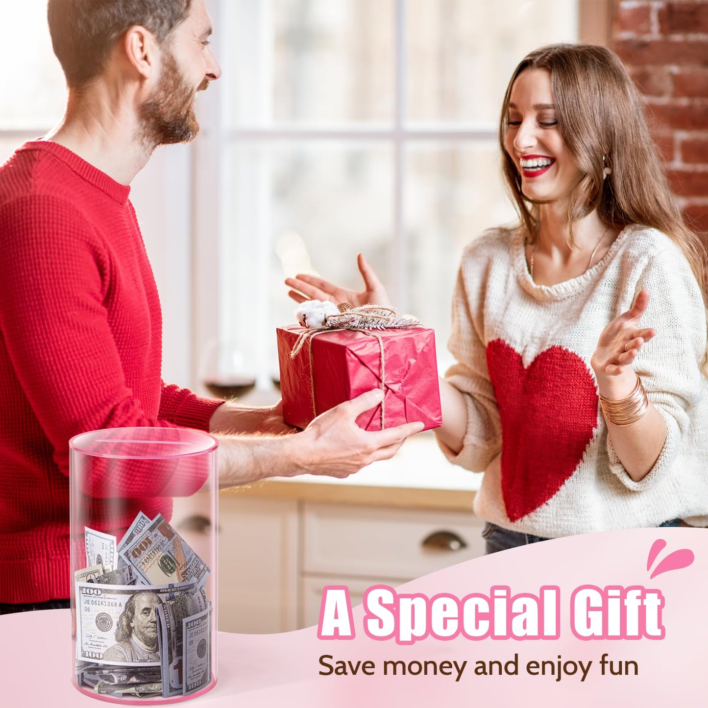 Hicocool Clear Piggy Bank — Break-to-Open Pink Acrylic Savings Jar, 8-in Height x 5-in Diameter