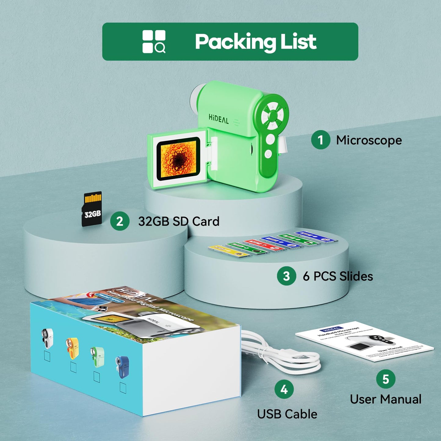 Hideal HP20 IPS Microscope for Kids – 3-in-1 Portable Mini Scope (100X-1000X), 32GB, Green