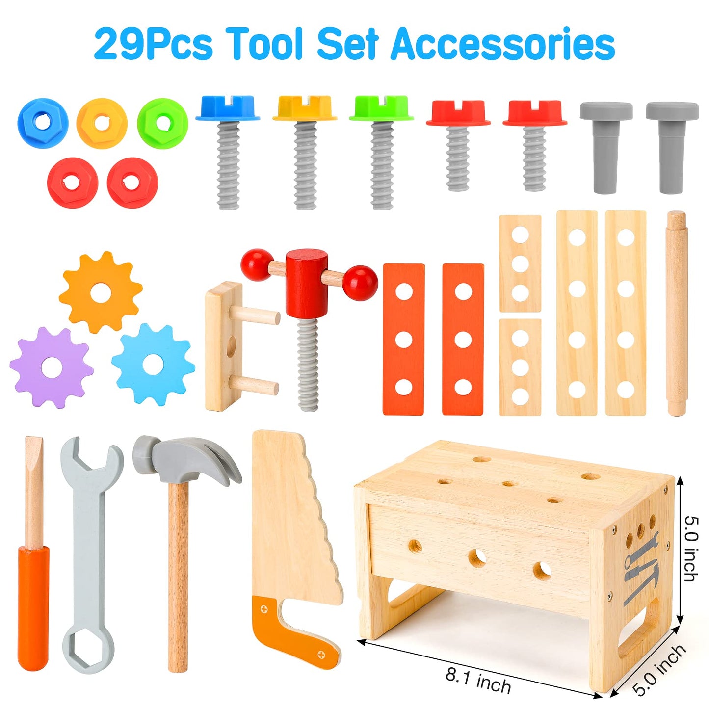 Hieoby Wooden 29-Piece Tool Set for Kids - STEM Montessori Toy for Ages 2-4